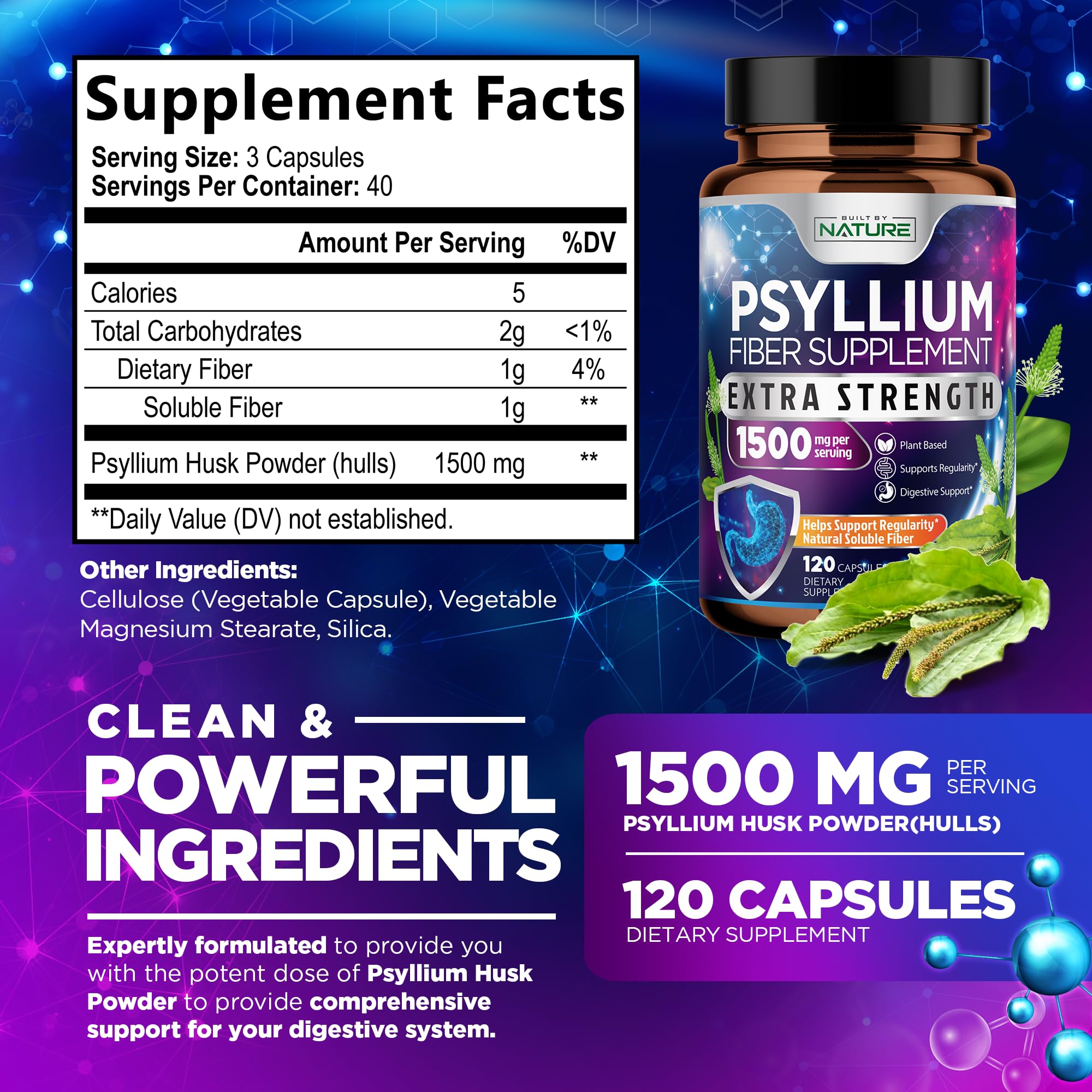 Psyllium Husk Capsules 1500mg - Fiber Supplement - Natural Soluble Fiber Pills with Psyllium Husk Powder - Supports Digestive Gut and Colon Health - Non-GMO, Gluten-Free, Vegan