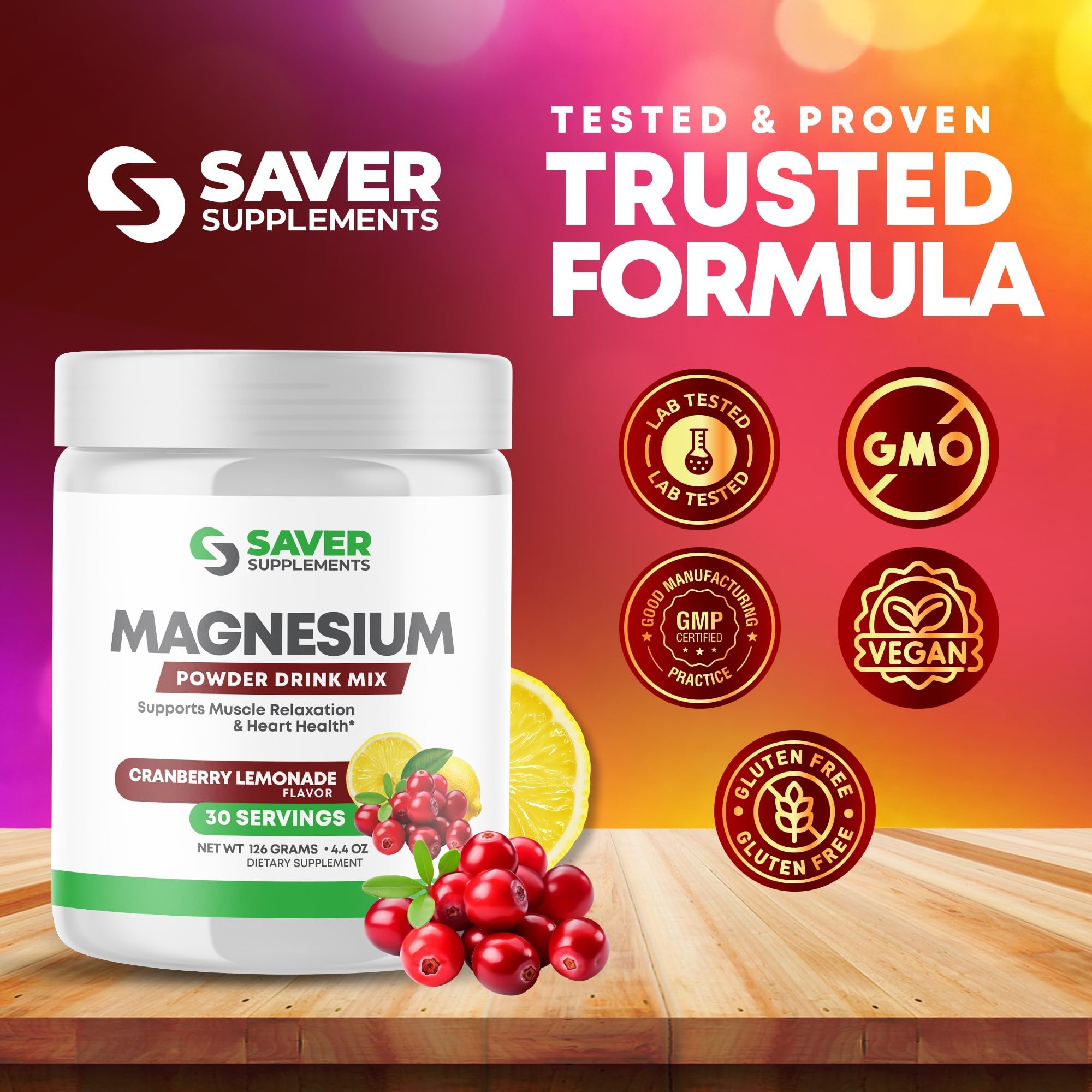 Saver Supplements Magnesium Powder - Anti-Stress Drink Mix for Calm & Regularity - Magnesium Citrate Supplement - Relaxation, Muscle & Heart Support - Cranberry Lemonade Flavor - 30 Servings