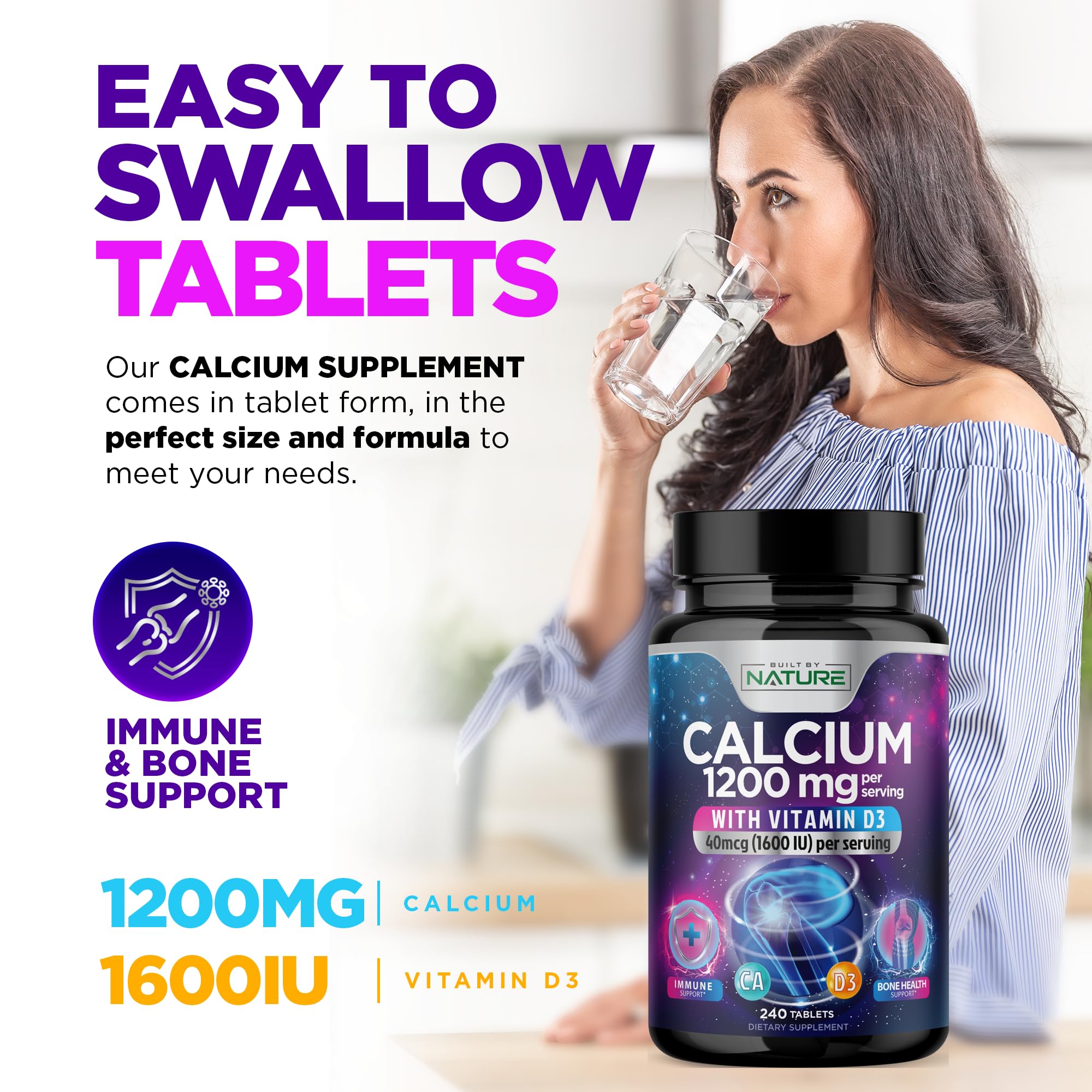 Calcium 1200mg with Vitamin D3 for Best Absorption - Advanced Bone Support Supplement, 1200 mg Calcium Carbonate & 1600 IU Vitamin D3