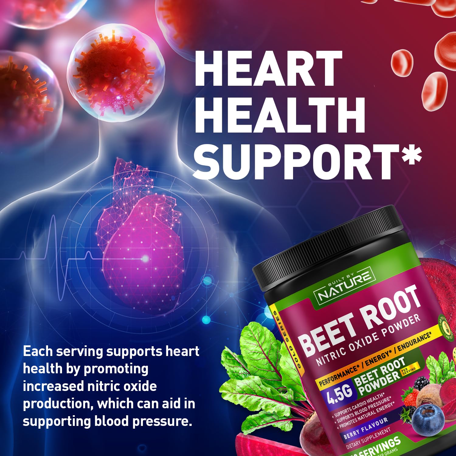 Beet Root Nitric Oxide Powder Supplement - Organic Beetroot Super Food Performance Booster for Circulation, Energy, Stamina, Blood Flow and Heart Health - Vegan, Non-GMO - Berry Flavor - 30 Servings