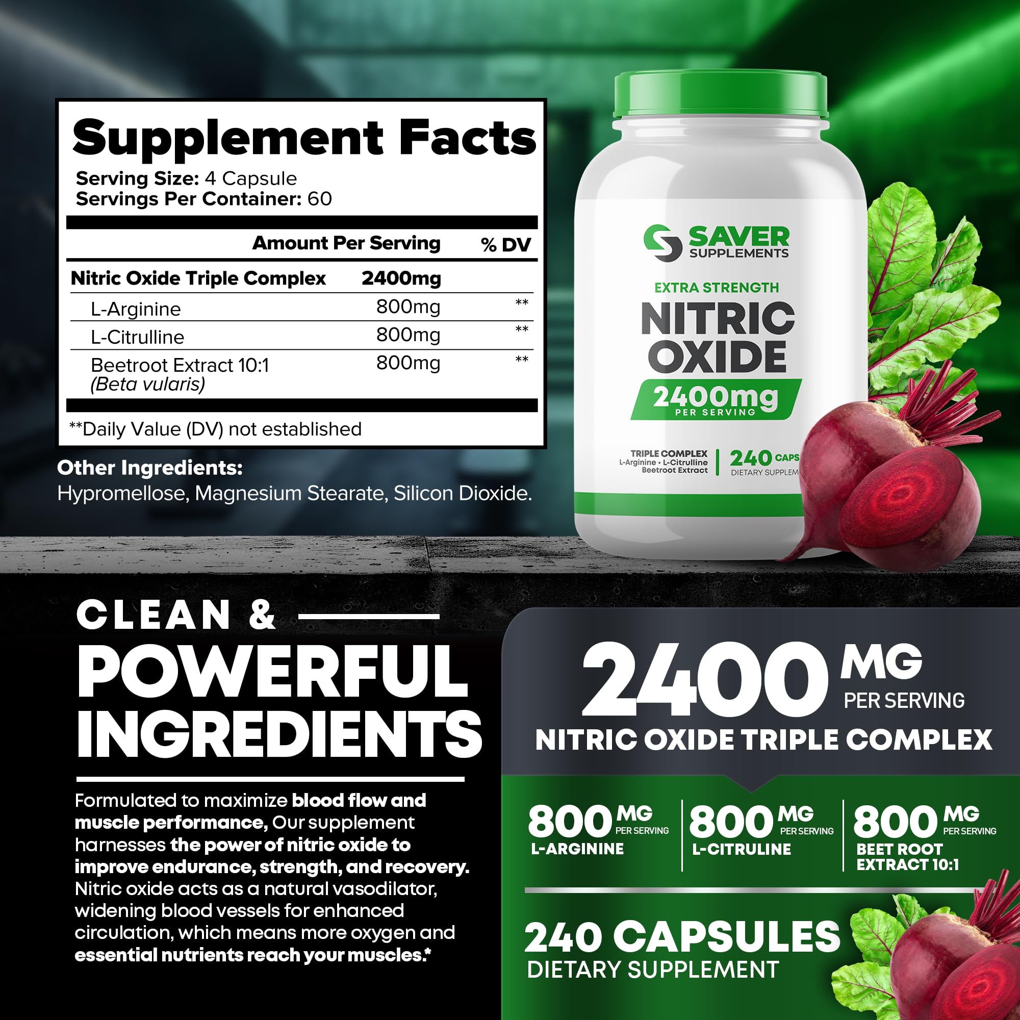 Saver Supplements Nitric Oxide Supplement 2400mg with L-Arginine, L-Citrulline and Beet Root Extract, 240 Capsules