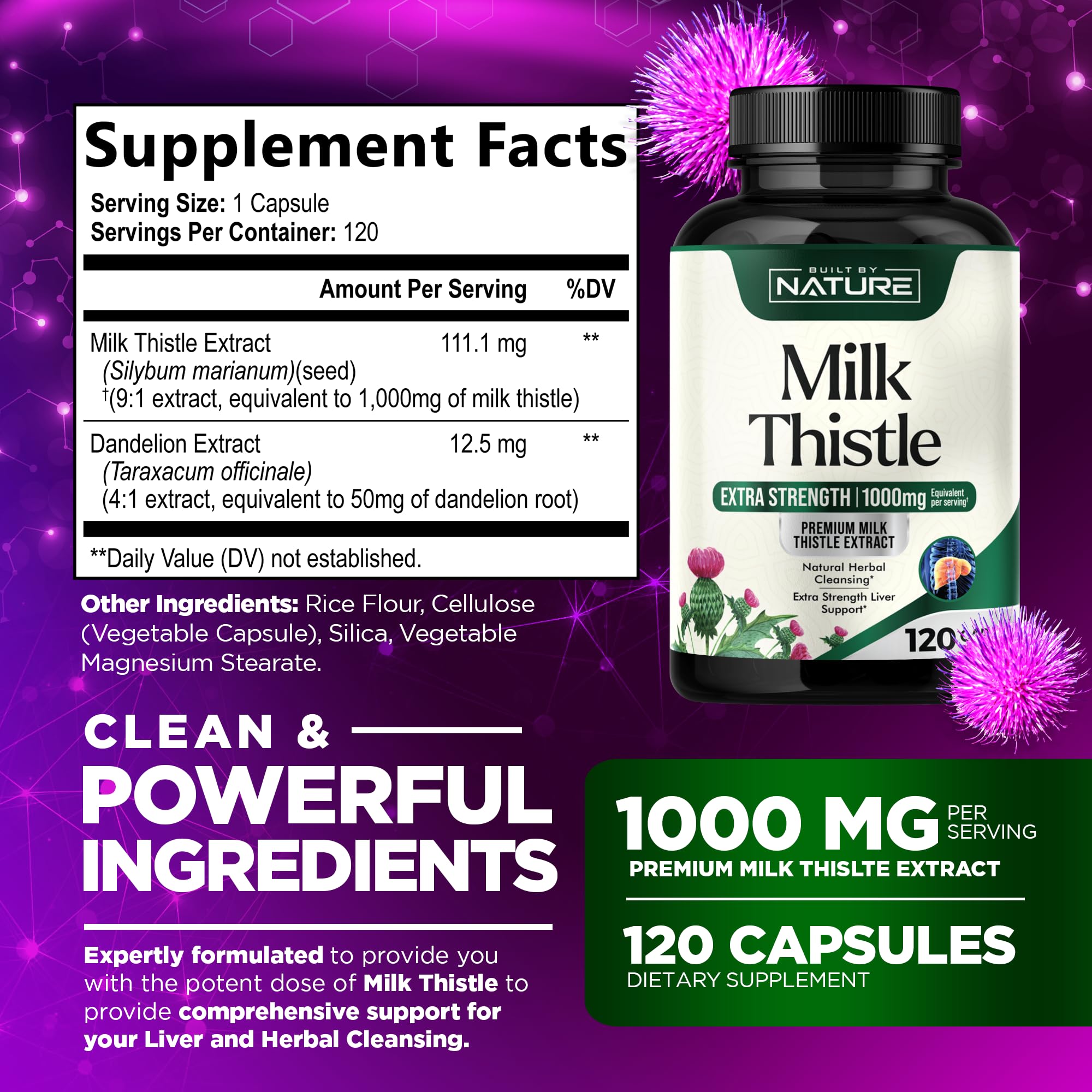 Built by Nature Milk Thistle 1000mg - Liver Detox Supplement with Silymarin Extract & Dandelion Root – Gentle Herbal Liver Cleanse for Men & Women - Liver Health Support - Non-GMO