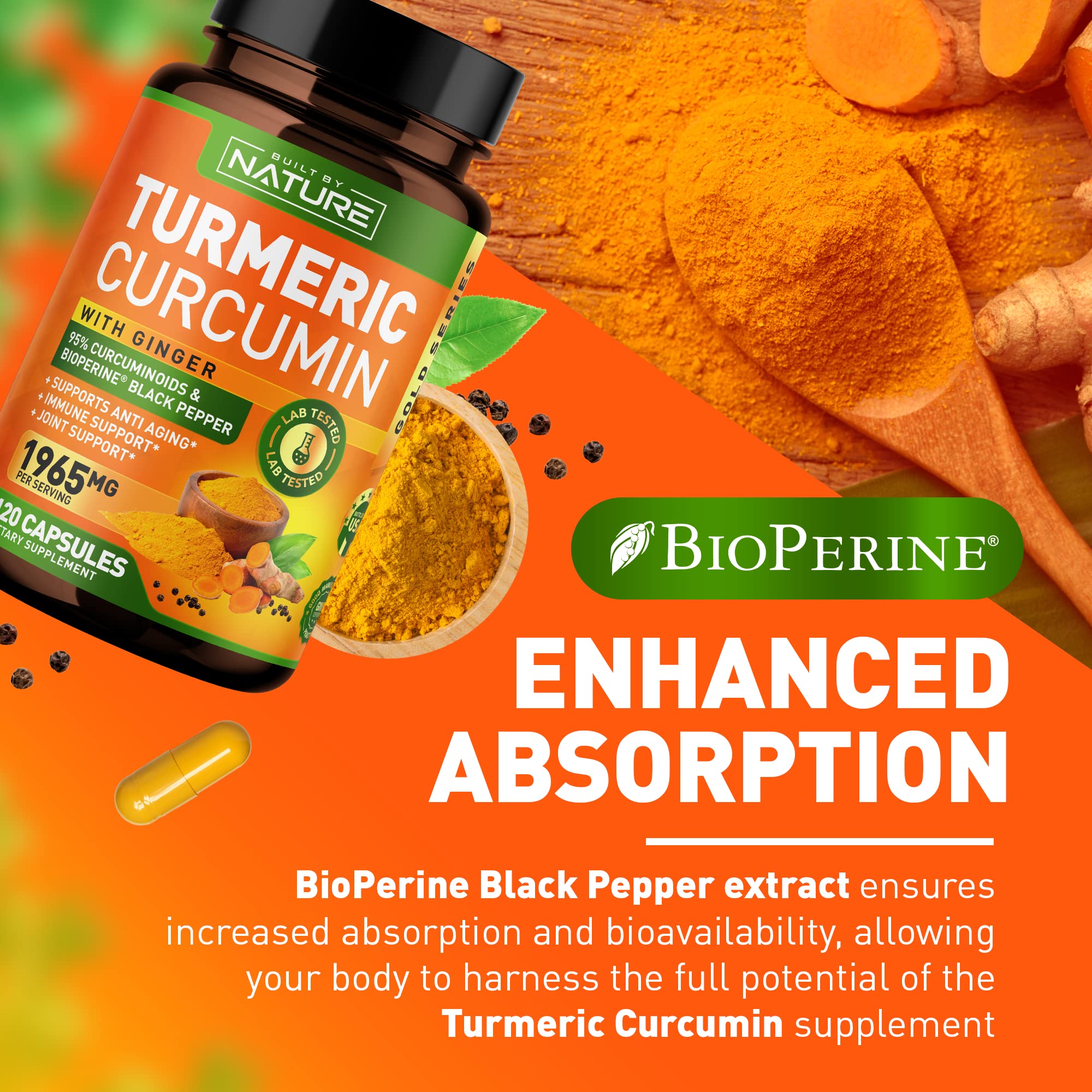 Turmeric Curcumin 1965mg with Ginger & BioPerine Black Pepper Extract - High Absorption 95% Curcuminoids for Joint & Antioxidant Support - Non-GMO, Gluten-Free, Vegan - 120 Herbal Supplement Capsules