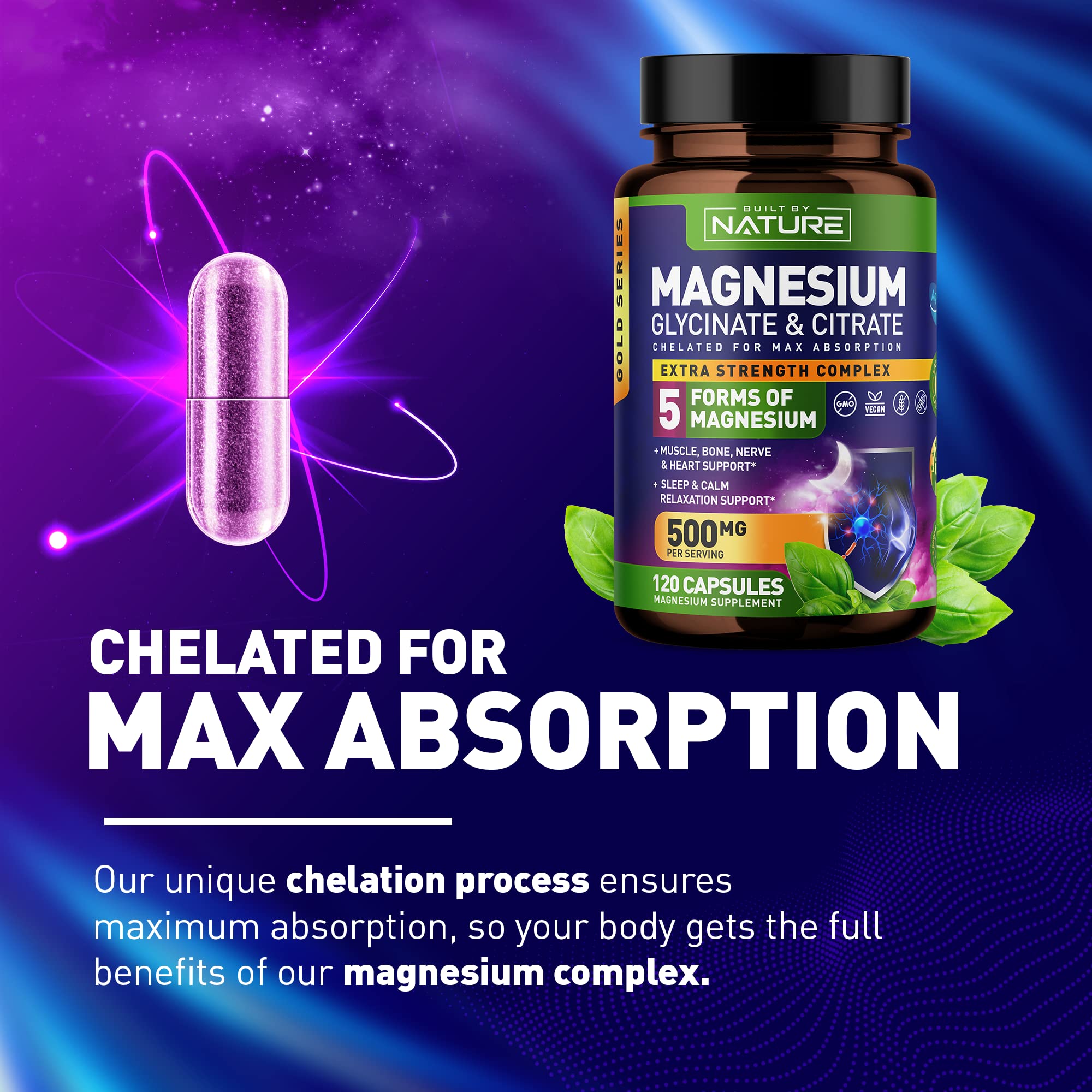 Magnesium Complex 500mg - 5 Forms of Magnesium Glycinate, Citrate, Malate, Oxide & Aquamin with 72 Trace Minerals - Chelated for Absorption - Supplement for Muscle, Nerve, Heart & Sleep