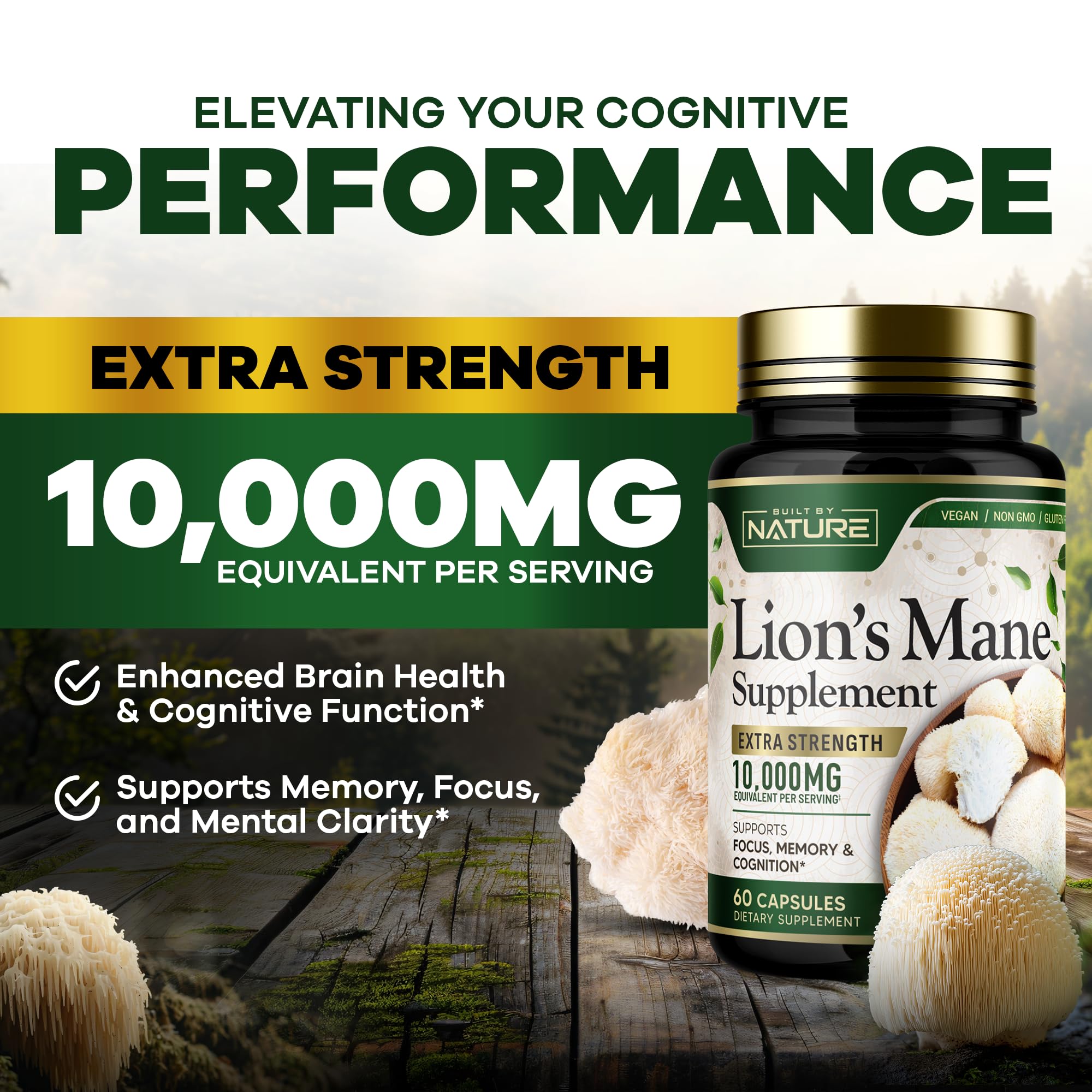 Built by Nature Lion’s Mane 10,000mg – Extra Strength Mushroom Supplement for Nootropic Brain Support – Focus, Memory and Cognitive Function – Non-GMO, Gluten-Free, Vegan - 60 Capsules