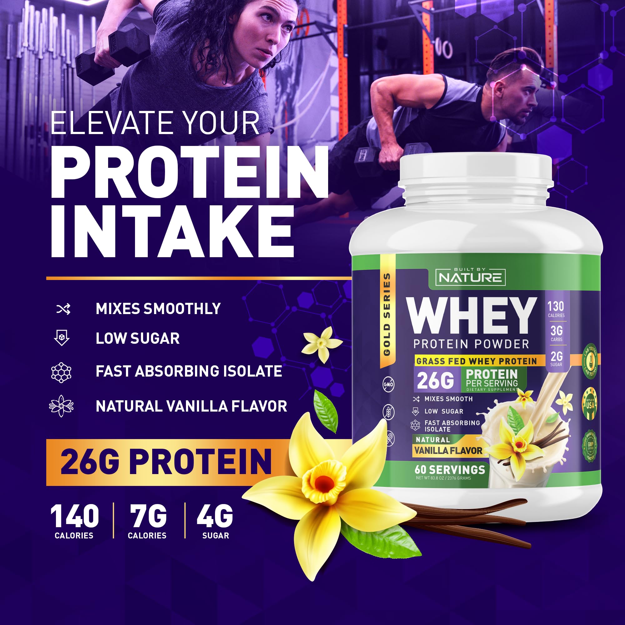 Built by Nature Whey Protein Powder - 100% Pure Whey Shake with Whey Isolate, Protein, No Bloating, Mixes Smooth, No Clumps or Chunks - High Protein, Low Sugar Drink