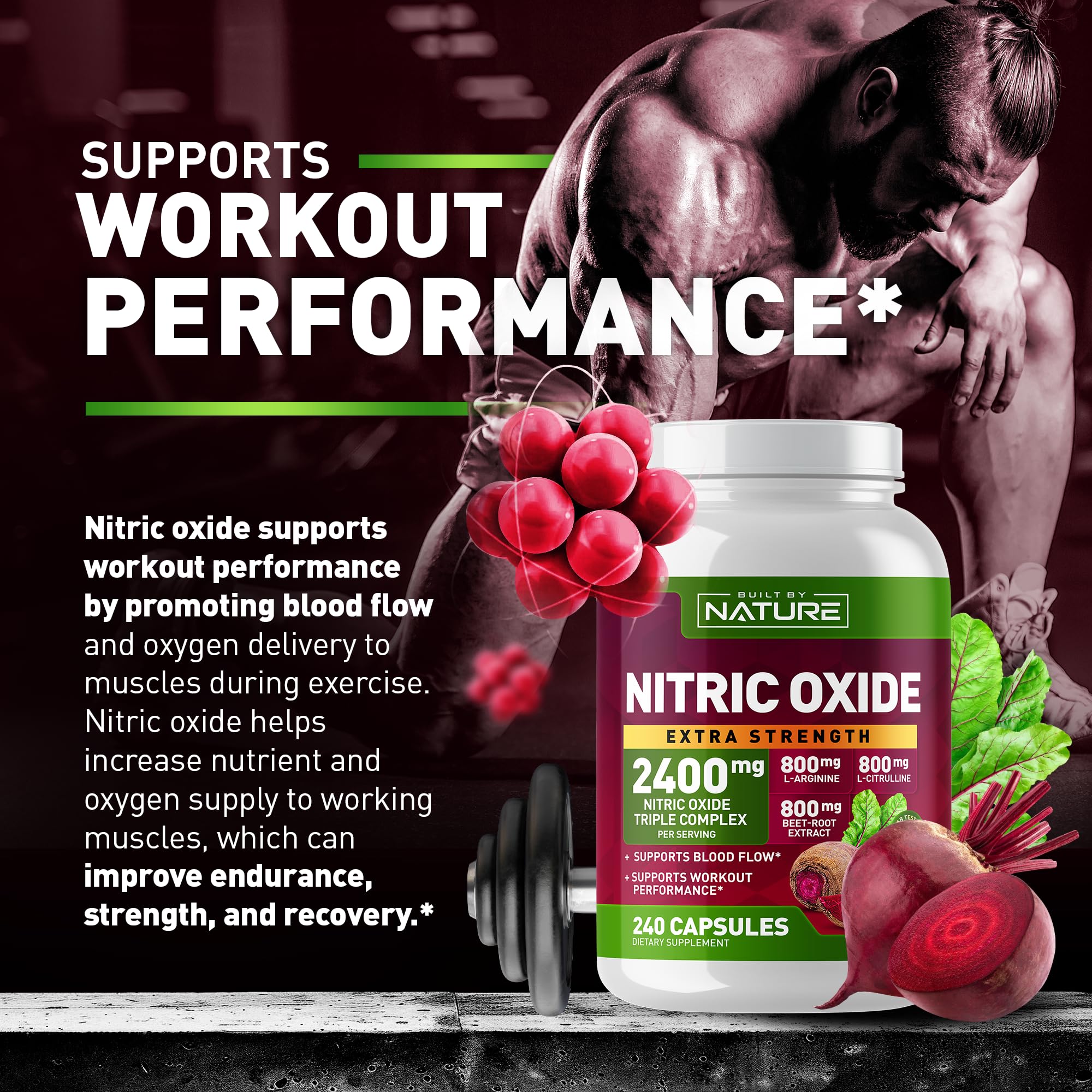 Built by Nature Nitric Oxide Supplement 2400mg with L-Arginine, L-Citrulline and Beet Root Extract, 240 Capsules