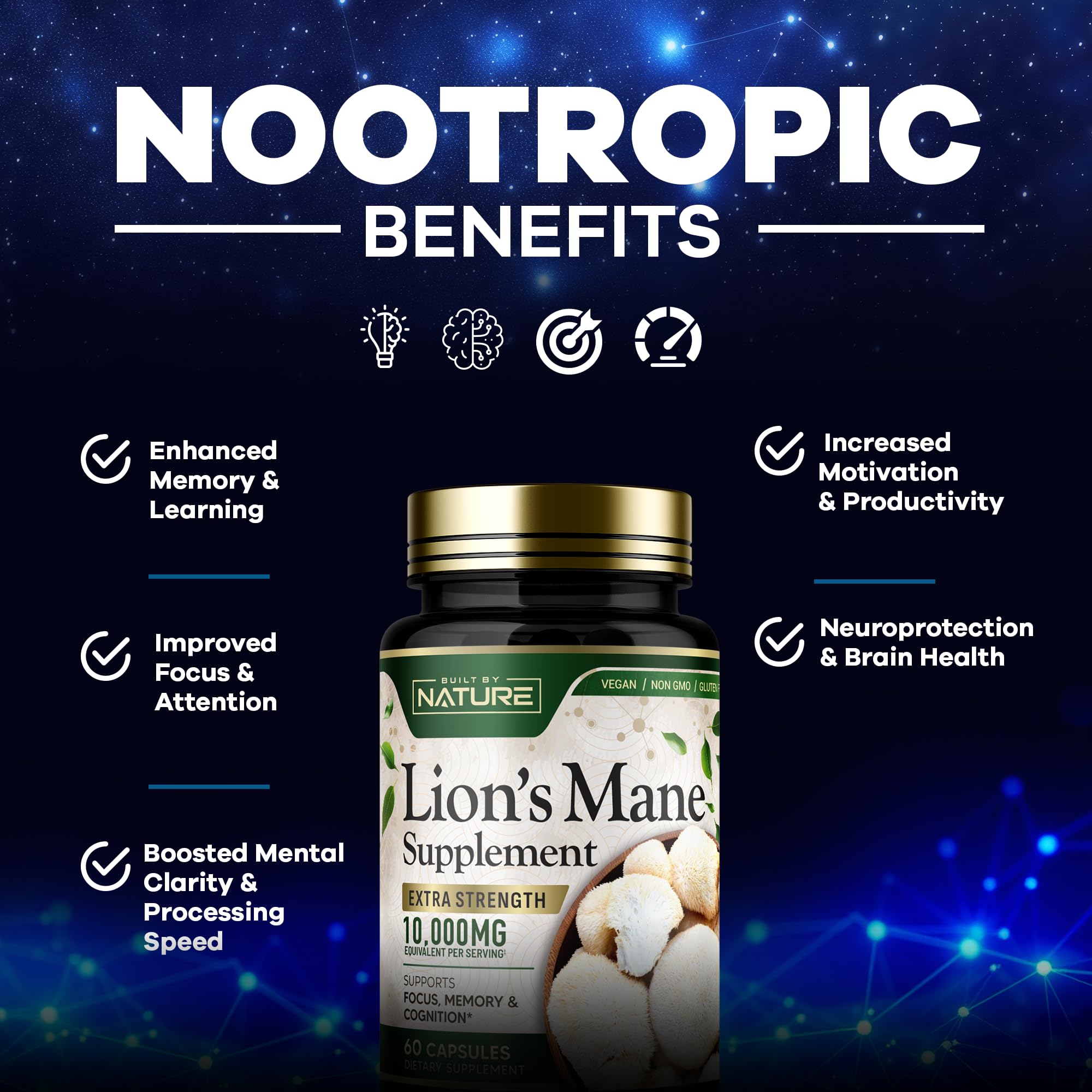 Built by Nature Lion’s Mane 10,000mg – Extra Strength Mushroom Supplement for Nootropic Brain Support – Focus, Memory and Cognitive Function – Non-GMO, Gluten-Free, Vegan - 60 Capsules