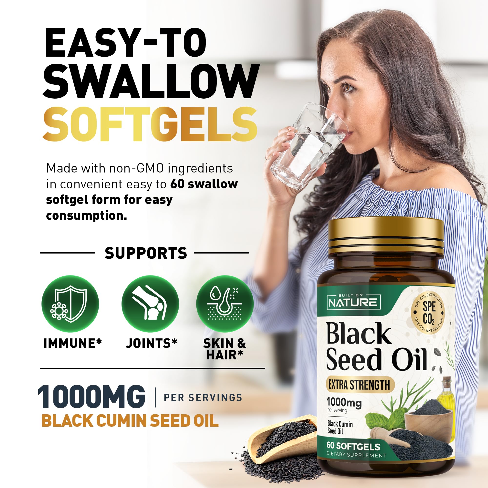 Built by Nature Black Seed Oil 1000mg - 100% Pure CO2 Extracted Nigella Sativa - High Thymoquinone, Omega 3 6 9, Antioxidant - Immune, Joints, Skin & Hair Health Support- Non-GMO – 60 Softgels