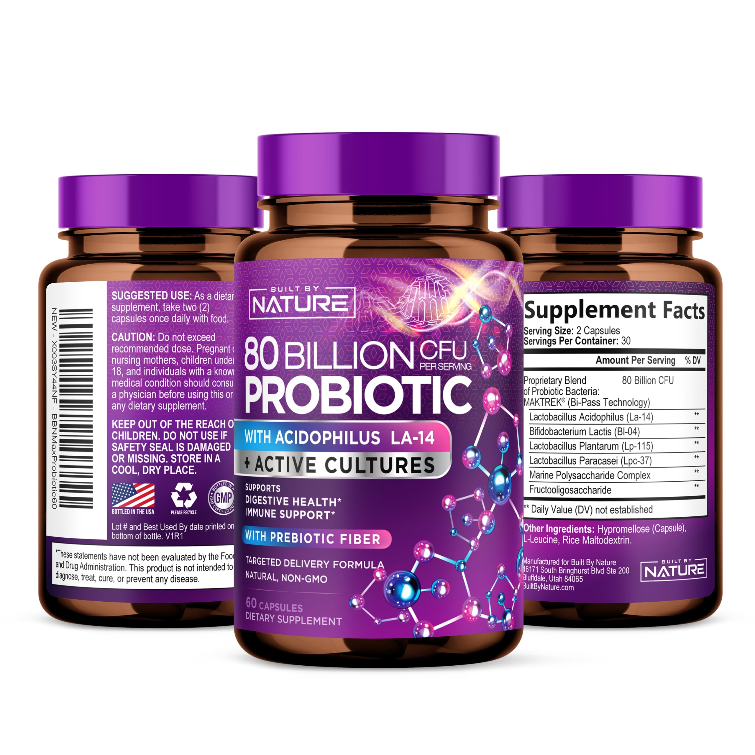 80 Billion CFU Probiotic - Daily Digestive Gut Health Supplement for Men & Women - Lactobacillus acidophilus, Bifidobacterium & Prebiotics - Non-GMO, Gluten & Dairy Free, Shelf-Stable - 60 Capsules