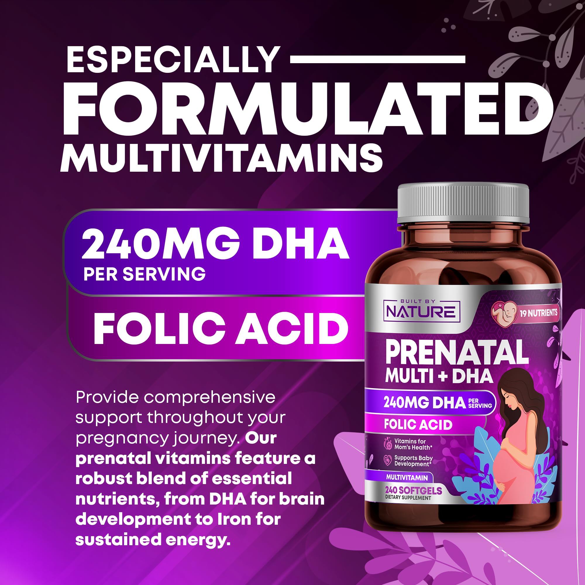 Built by Nature Prenatal Vitamins for Women - Multivitamin with DHA, Folic Acid, Vitamin C, B12, Iron & Omega-3 - Before, During & Post Pregnancy Supplement for Healthy Growth & Brain