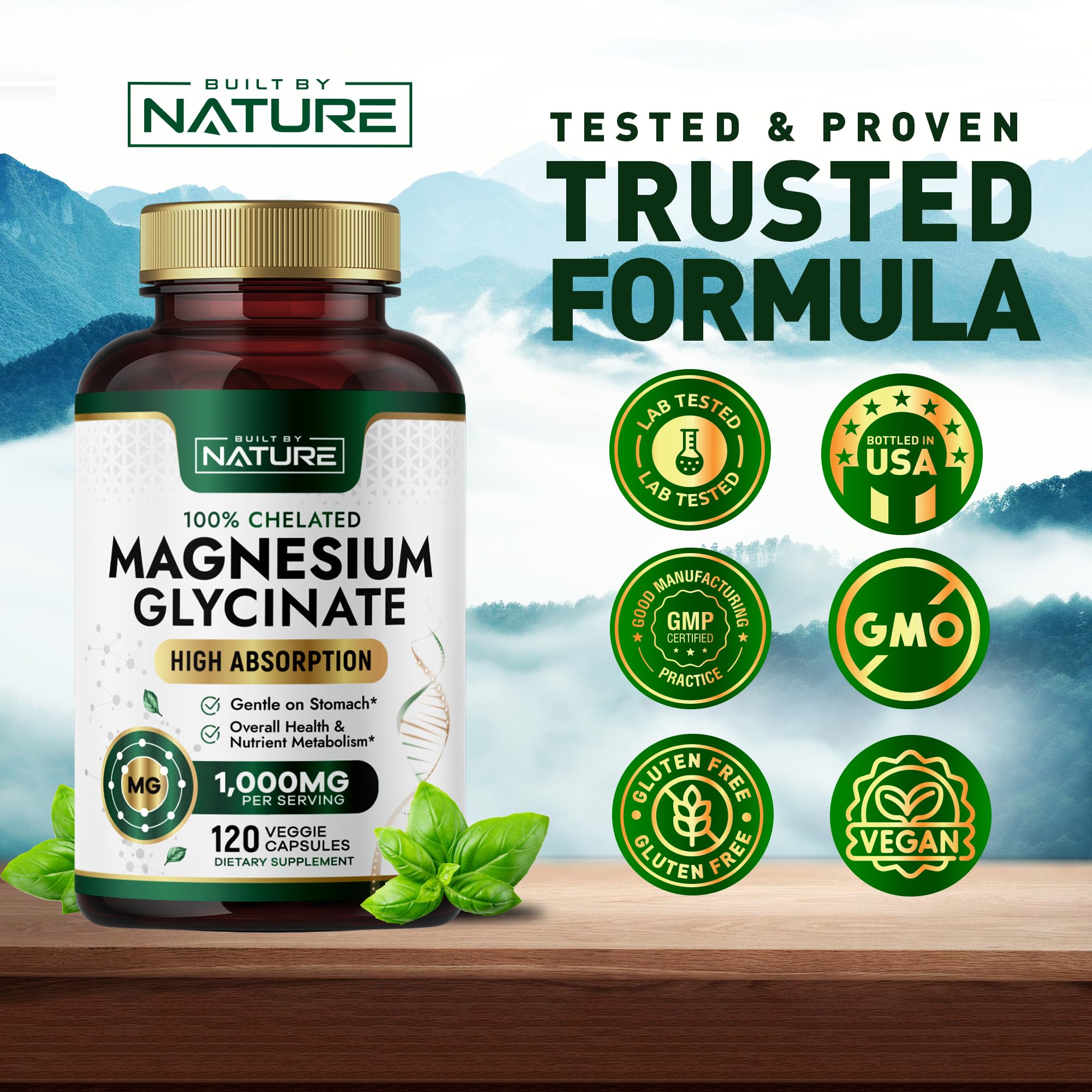 Built By Nature Magnesium Glycinate 1000mg – High Absorption Magnesium Supplement – 100% Chelated, Gentle on Stomach - Muscle, Heart, Bone & Relaxation Support - Non-GMO, Vegan