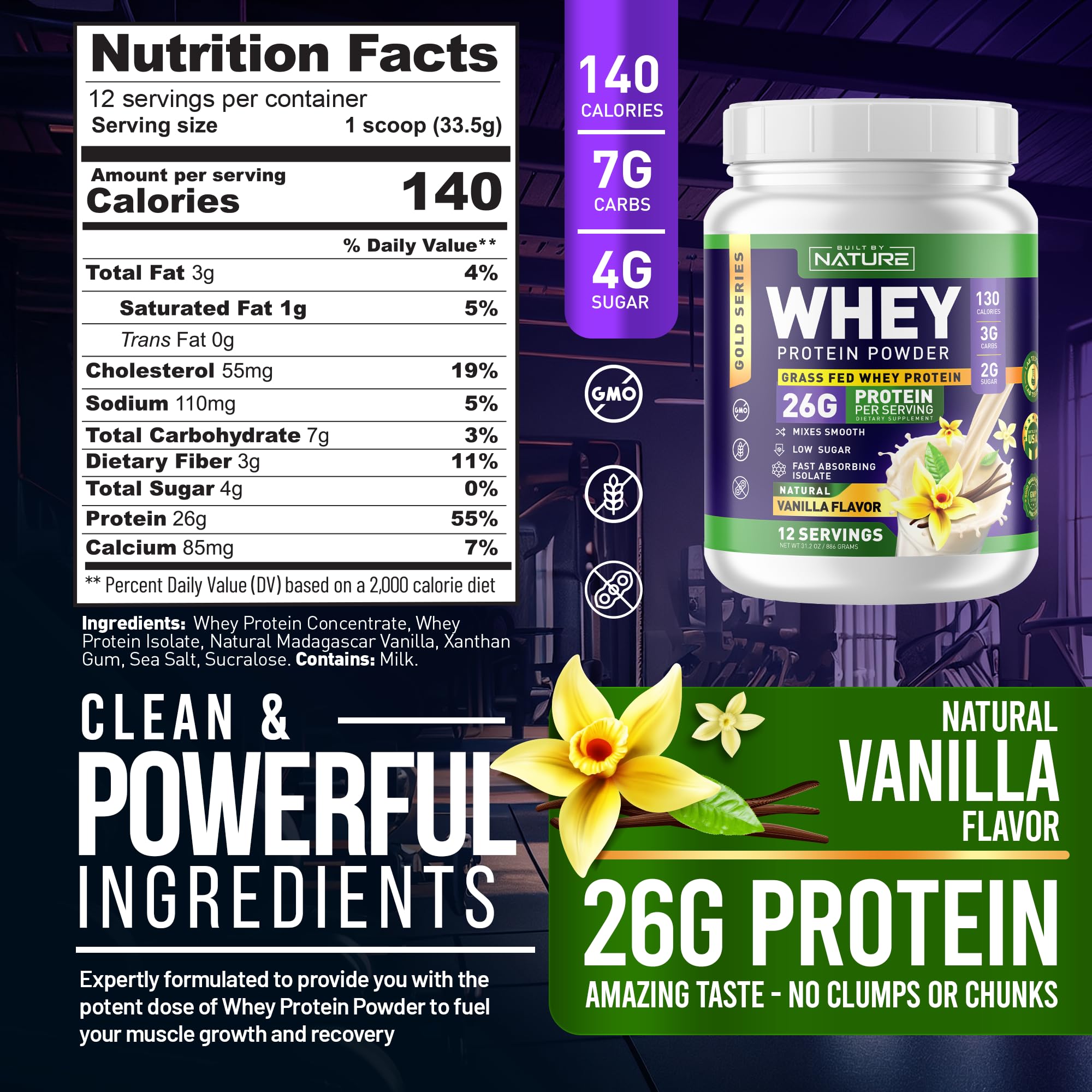 Built by Nature Whey Protein Powder - 100% Pure Whey Shake with Whey Isolate, Protein, No Bloating, Mixes Smooth, No Clumps or Chunks - High Protein, Low Sugar Drink