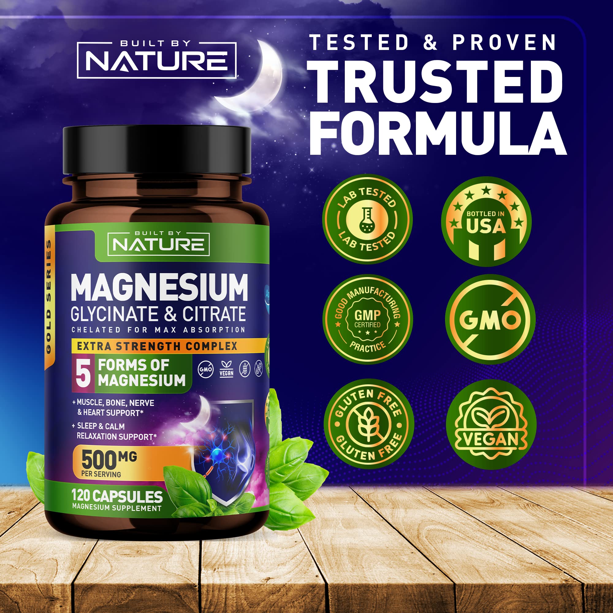 Magnesium Complex 500mg - 5 Forms of Magnesium Glycinate, Citrate, Malate, Oxide & Aquamin with 72 Trace Minerals - Chelated for Absorption - Supplement for Muscle, Nerve, Heart & Sleep