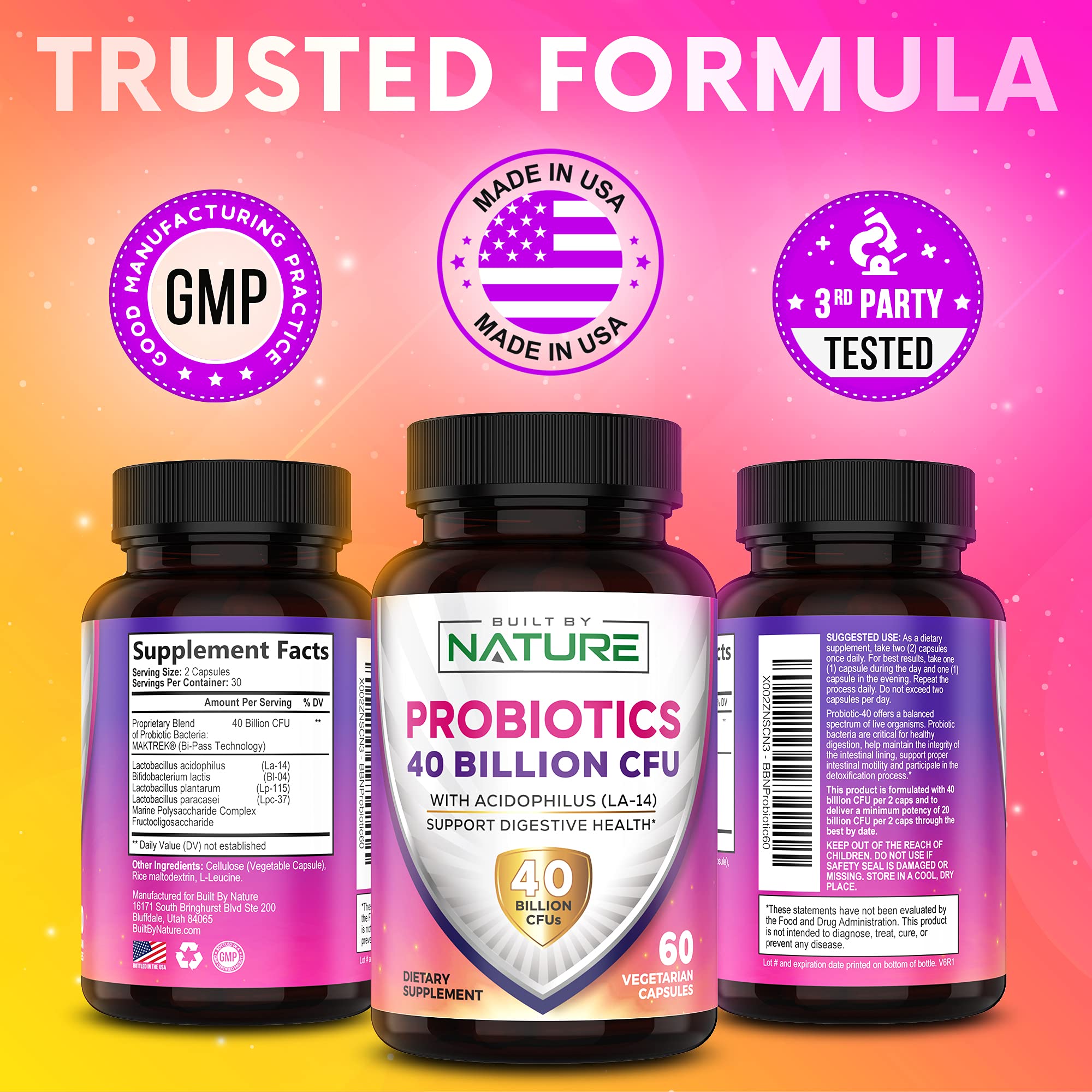 Probiotics 40 Billion CFU - 4 Diverse Strains + Prebiotic - Digestive & Gut Health - Supports Occasional Constipation, Diarrhea, Gas & Bloating - Probiotics For Women & Men - 60 Capsule