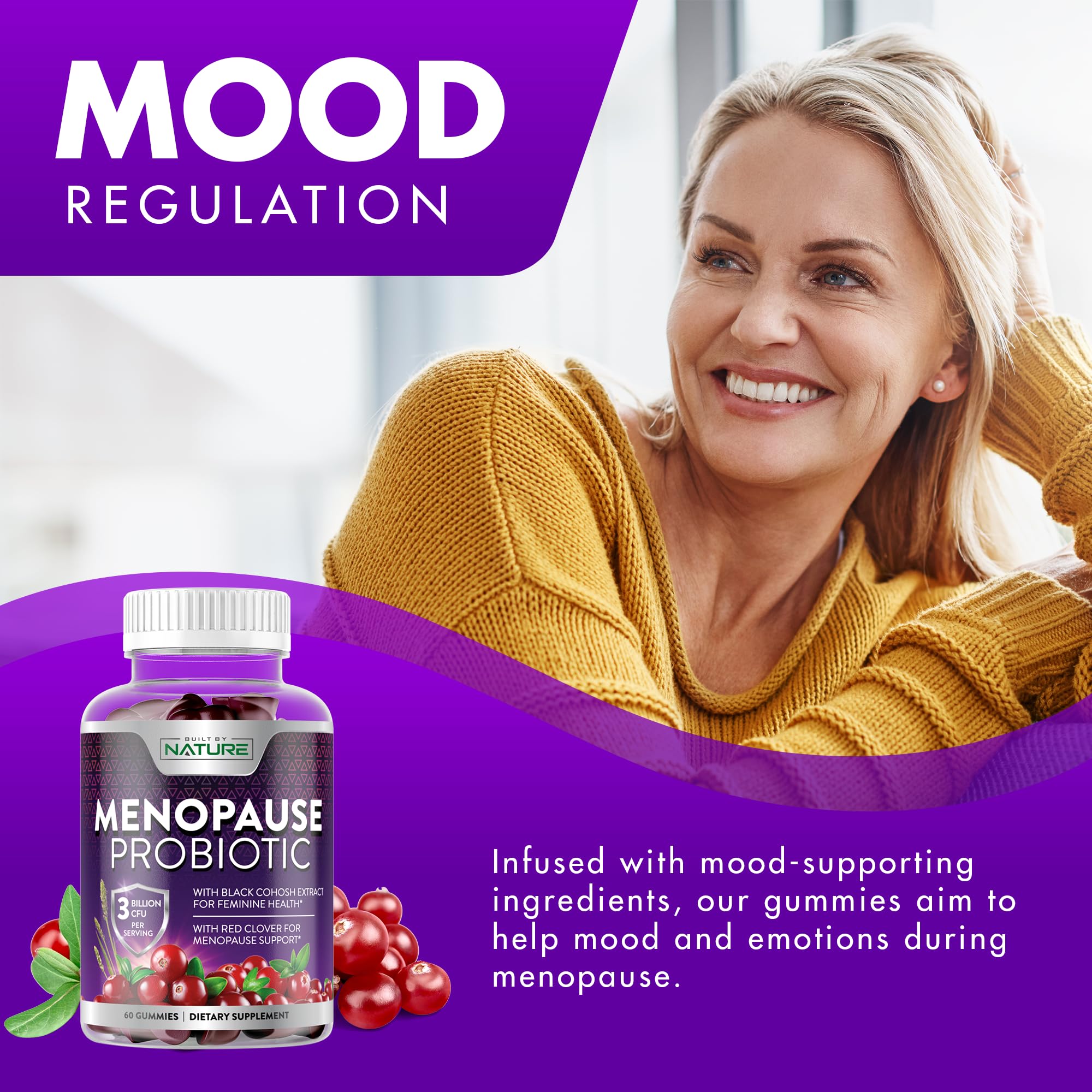 Menopause Supplements for Women - Menopause Probiotic Gummy - Women’s Menopause Relief for Hot Flashes, Night Sweats & Mood Swings with Black Cohosh & Cranberry - Non-GMO, Vegan - 60 Gummies