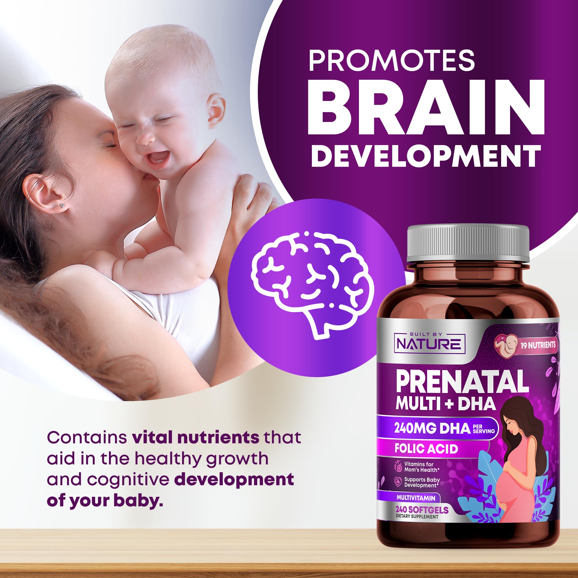 Built by Nature Prenatal Vitamins for Women - Multivitamin with DHA, Folic Acid, Vitamin C, B12, Iron & Omega-3 - Before, During & Post Pregnancy Supplement for Healthy Growth & Brain