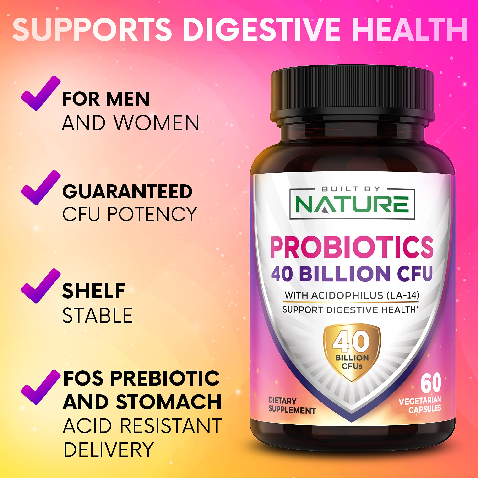 Probiotics 40 Billion CFU - 4 Diverse Strains + Prebiotic - Digestive & Gut Health - Supports Occasional Constipation, Diarrhea, Gas & Bloating - Probiotics For Women & Men - 60 Capsule