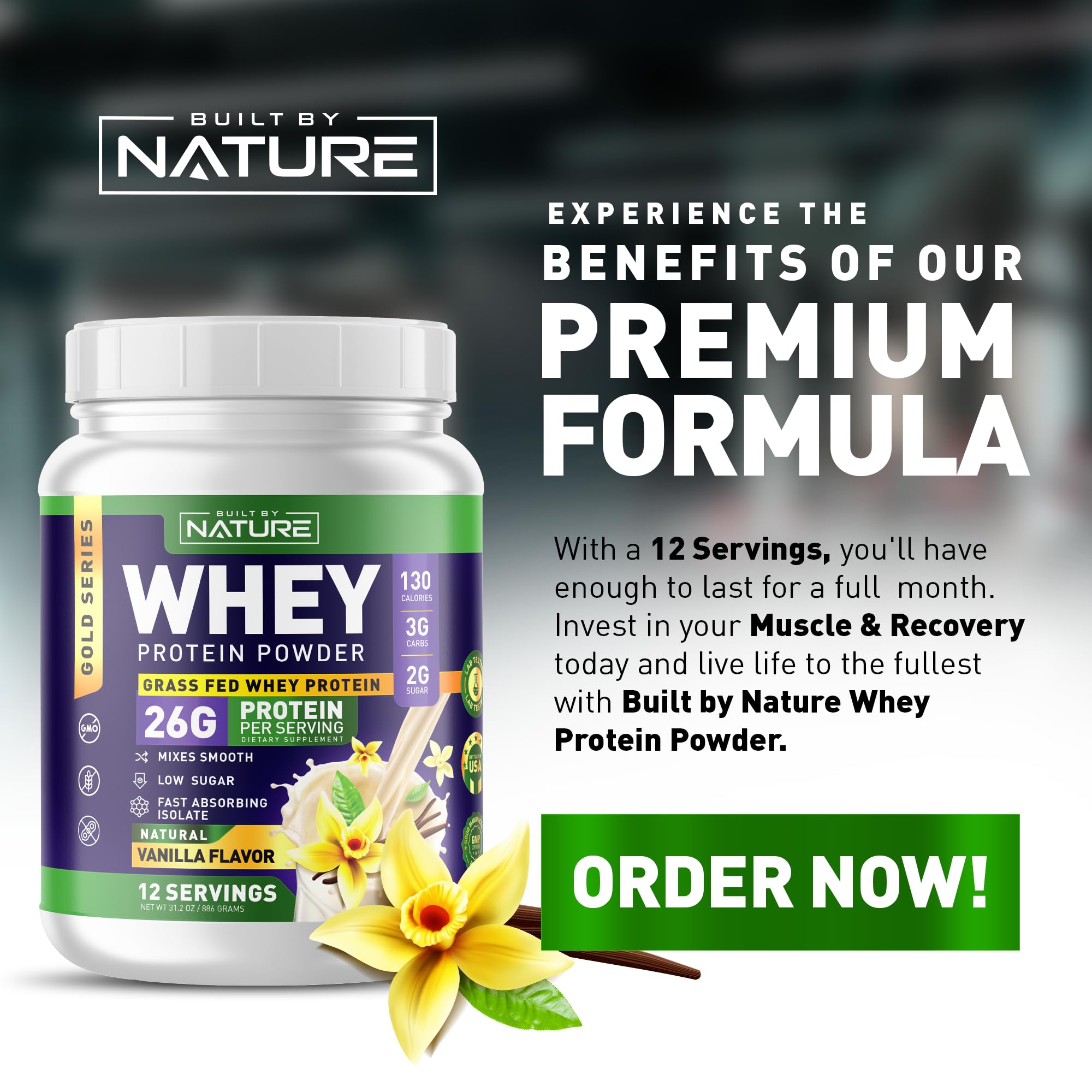 Built by Nature Whey Protein Powder - 100% Pure Whey Shake with Whey Isolate, Protein, No Bloating, Mixes Smooth, No Clumps or Chunks - High Protein, Low Sugar Drink