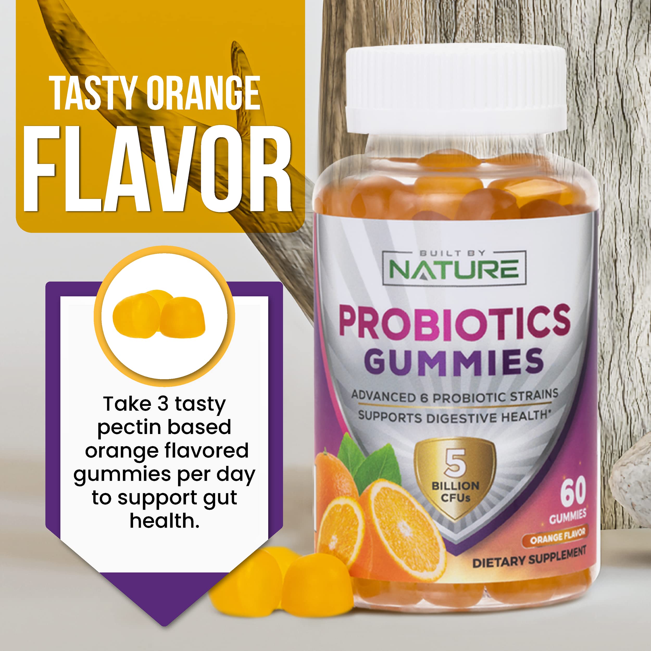 Probiotic Gummies – 5 Billion CFUs for Digestive & Gut Health - Reduces Occasional Bloating & Minor Abdominal Discomfort - Probiotic Gummy for Women & Kids - Natural Orange Flavor – 60 Gummies