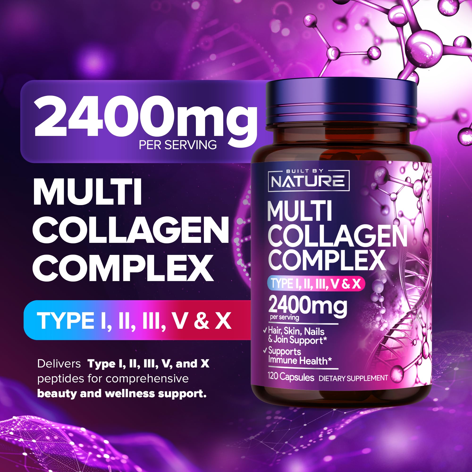 Built by Nature Collagen Pills – Multi Collagen Peptides Complex Supplement for Women – Type I, II, III, V, X for Hair, Skin, Nails, Joints & Bone Health - Hydrolyzed, Grass-Fed - 120 Capsules