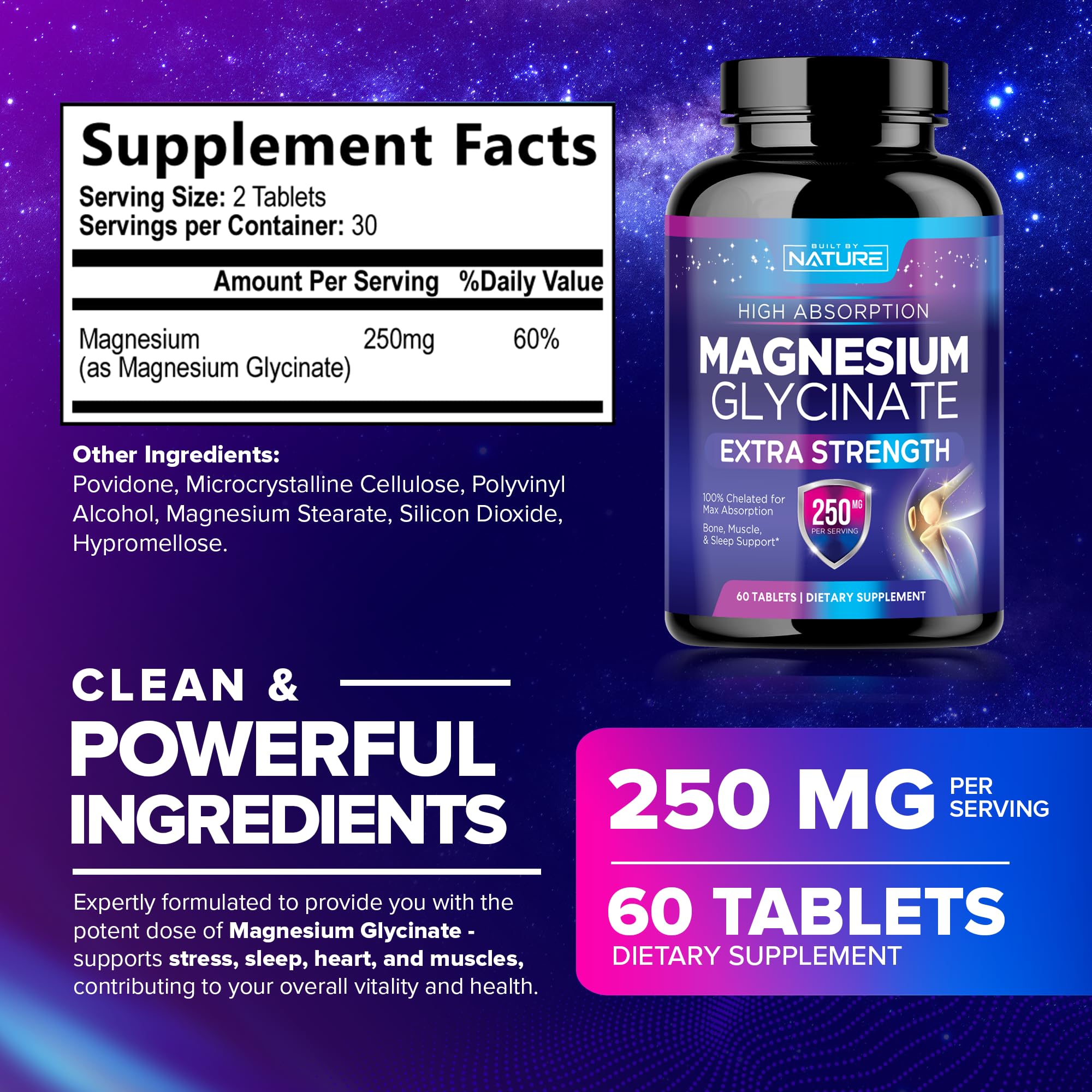 Magnesium Glycinate 250mg - High Absorption Chelated Magnesium Supplement - 100% Pure Magnesium Glycinate - Stress, Sleep, Heart, and Muscle Health Support - Non-GMO, Vegan, Gluten-Free