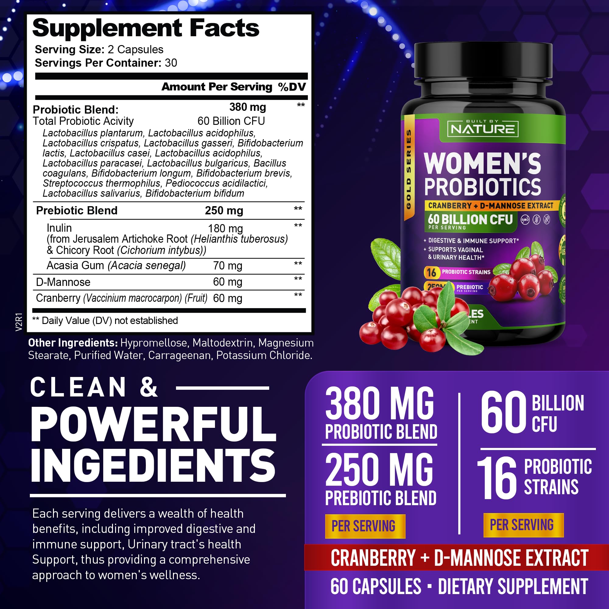 Built by Nature Probiotics for Women - 60 Billion CFUs, 16 Strains, with Cranberry, D-Mannose & Prebiotics - Supports Digestive, Immune, & Vaginal Health - Non-GMO, Dairy & Gluten-Free