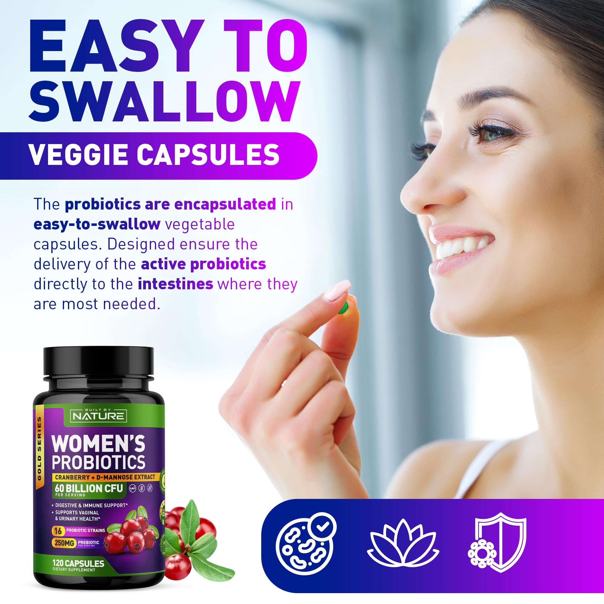 Built by Nature Probiotics for Women - 60 Billion CFUs, 16 Strains, with Cranberry, D-Mannose & Prebiotics - Supports Digestive, Immune, & Vaginal Health - Non-GMO, Dairy & Gluten-Free