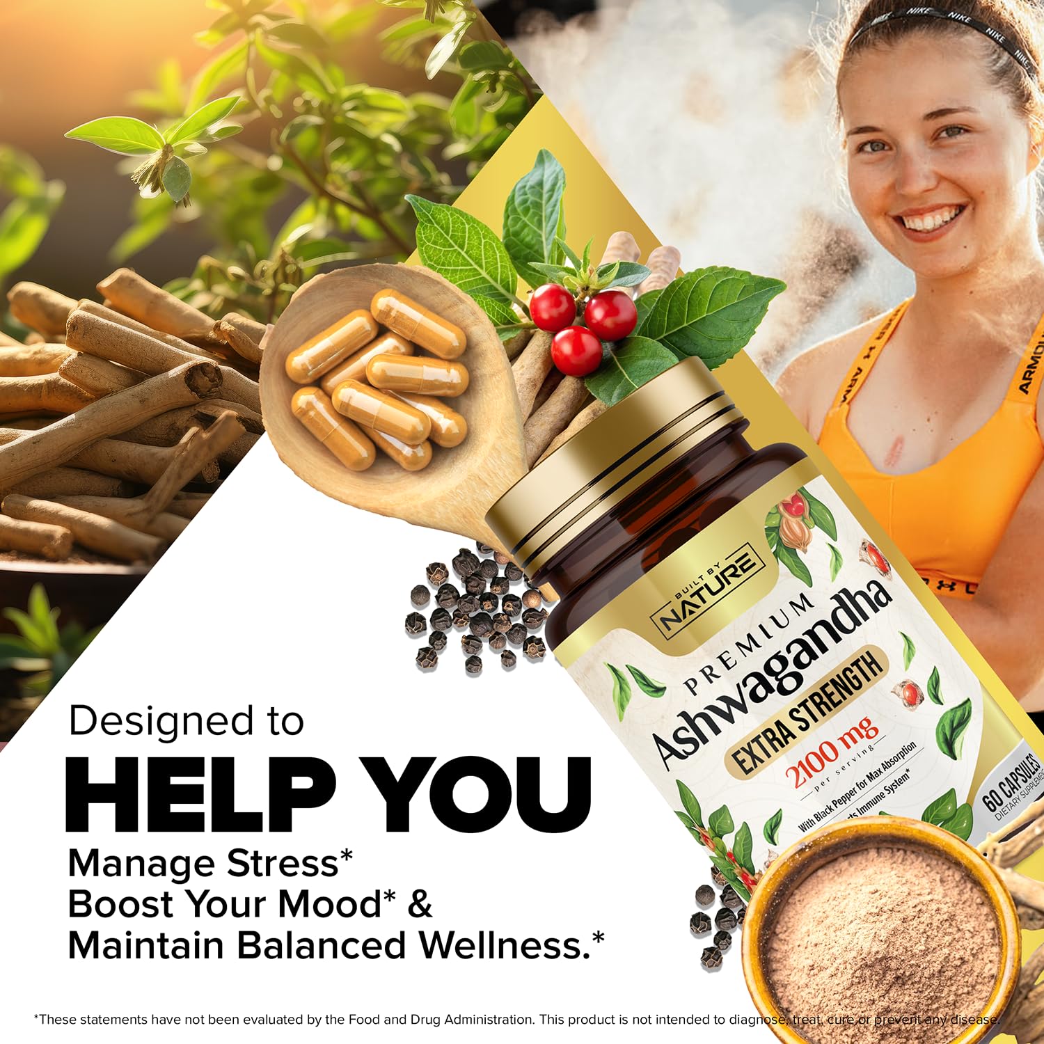 Built by Nature Ashwagandha 2100mg Extra Strength Stress Relief & Mood Support with Black Pepper Extract for Max Absorption - Non-GMO, Vegan, Gluten-Free - 60 Capsules