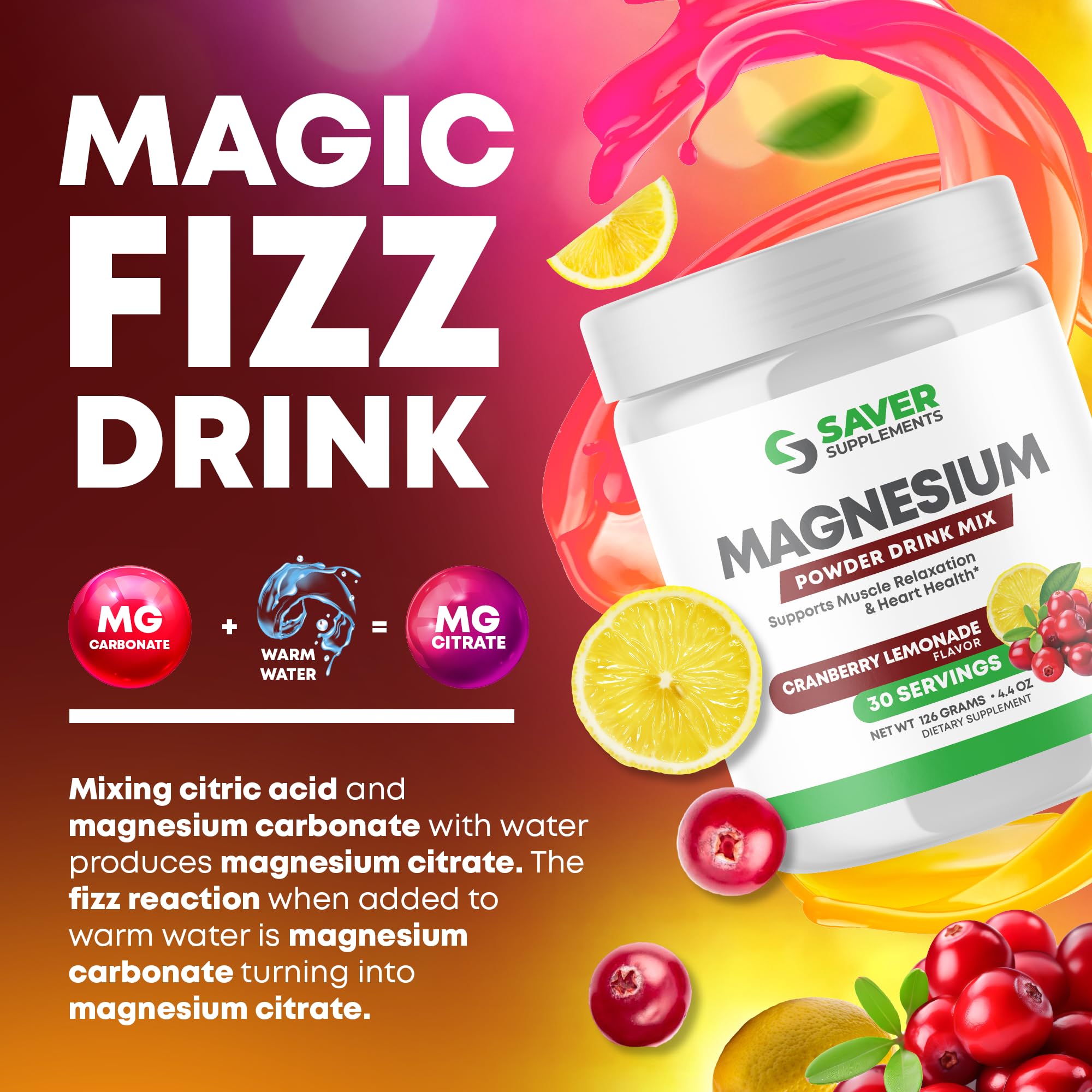 Saver Supplements Magnesium Powder - Anti-Stress Drink Mix for Calm & Regularity - Magnesium Citrate Supplement - Relaxation, Muscle & Heart Support - Cranberry Lemonade Flavor - 30 Servings