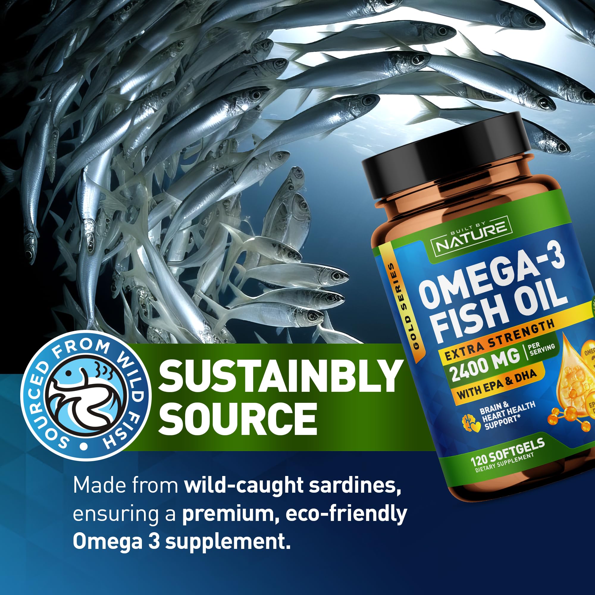 Built by Nature Omega 3 Fish Oil Soft Gels - 2400 mg Fish Oil, 1440 mg Omega 3, 863 mg EPA, 576 mg DHA - Extra Strength Brain & Heart Health Support Supplement