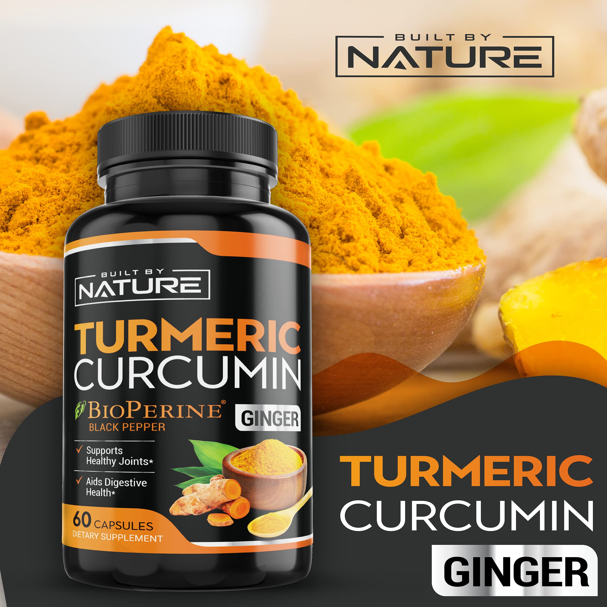 Turmeric Supplement – Tumeric Curcumin with Black Pepper and Ginger – Curcuma BioPerine - 95% Curcuminoids Max Absorption, Natural Joint & Antioxidant, Non-GMO, Vegan Gluten Free – 60 Capsules