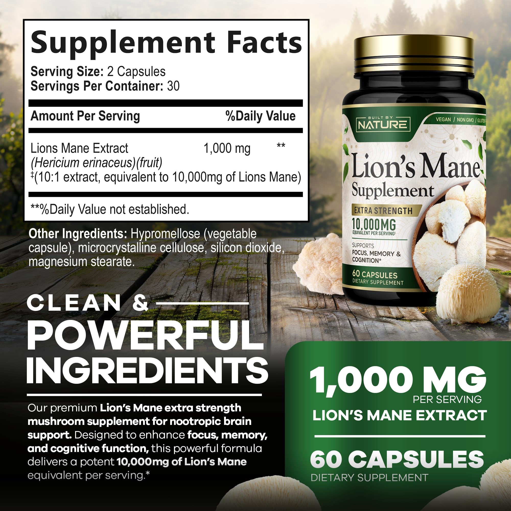 Built by Nature Lion’s Mane 10,000mg – Extra Strength Mushroom Supplement for Nootropic Brain Support – Focus, Memory and Cognitive Function – Non-GMO, Gluten-Free, Vegan - 60 Capsules