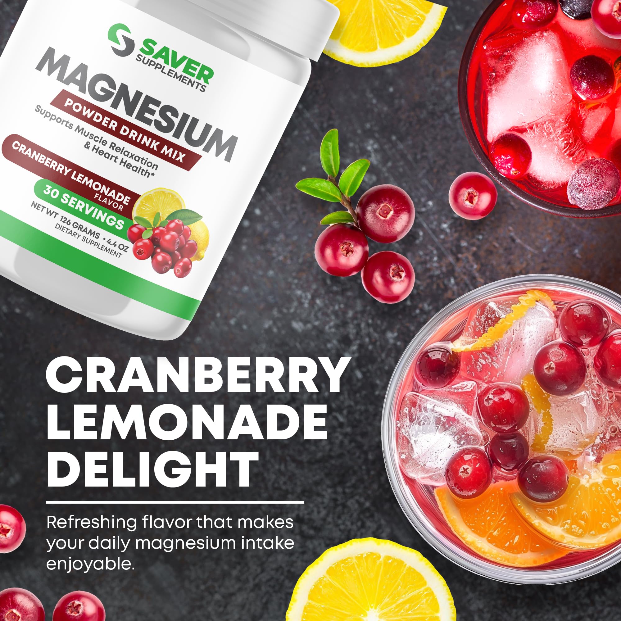 Saver Supplements Magnesium Powder - Anti-Stress Drink Mix for Calm & Regularity - Magnesium Citrate Supplement - Relaxation, Muscle & Heart Support - Cranberry Lemonade Flavor - 30 Servings