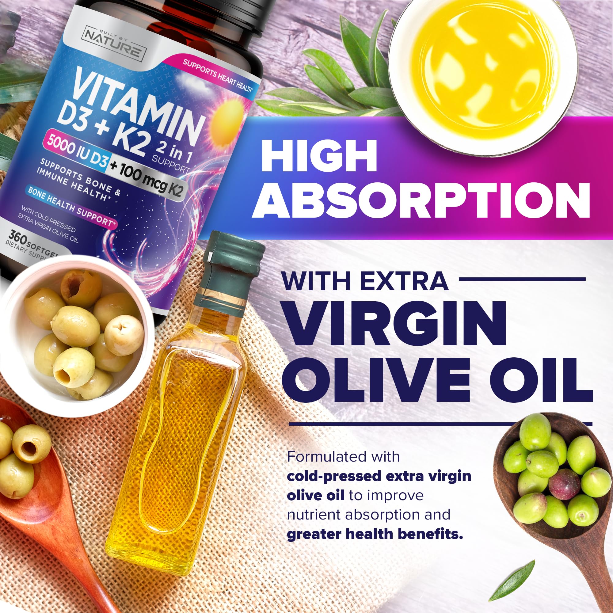 Built by Nature Vitamin D3 K2 with Cold Pressed Extra Virgin Olive Oil – 5000 IU Vitamin D, 100mcg Vitamin K MK-7 Supplement – Easy to Swallow Mini Soft Gels - 1 Year Supply - 360 Softgels