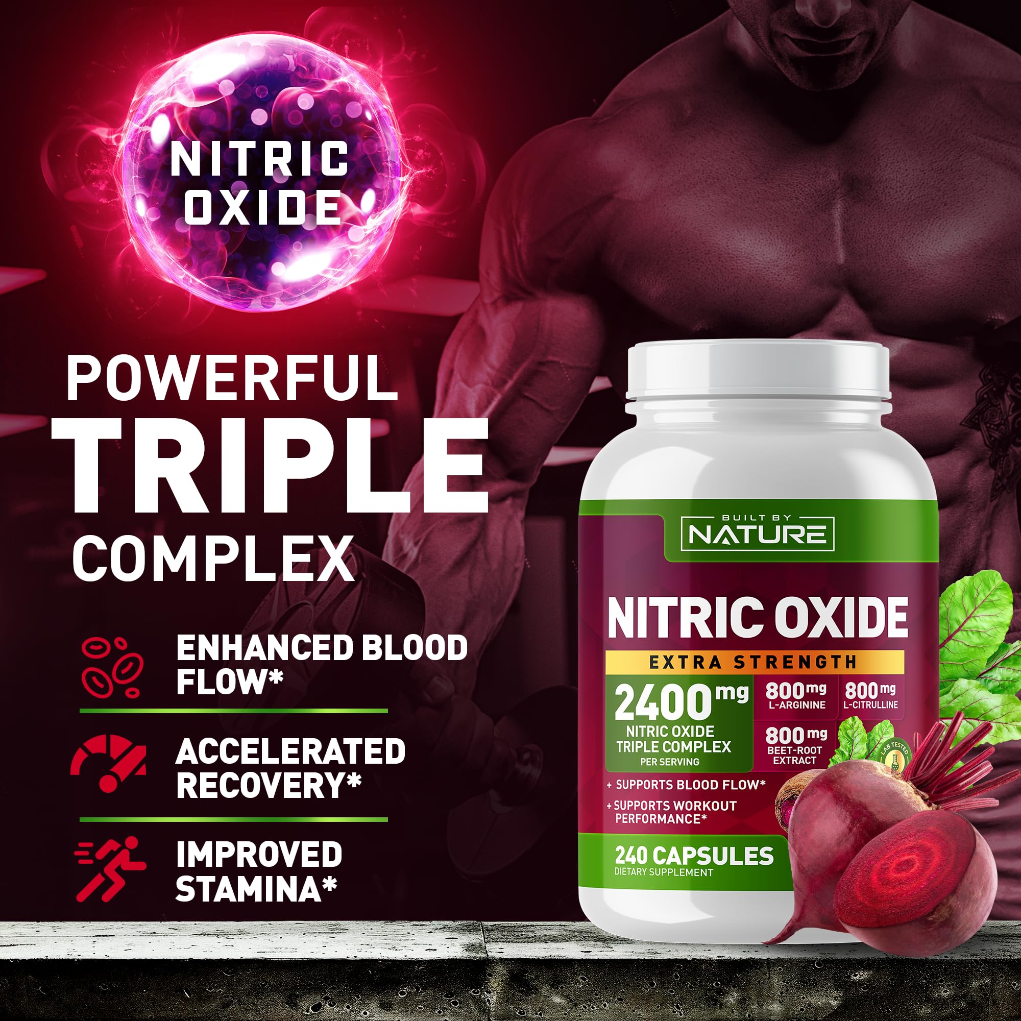 Built by Nature Nitric Oxide Supplement 2400mg with L-Arginine, L-Citrulline and Beet Root Extract, 240 Capsules