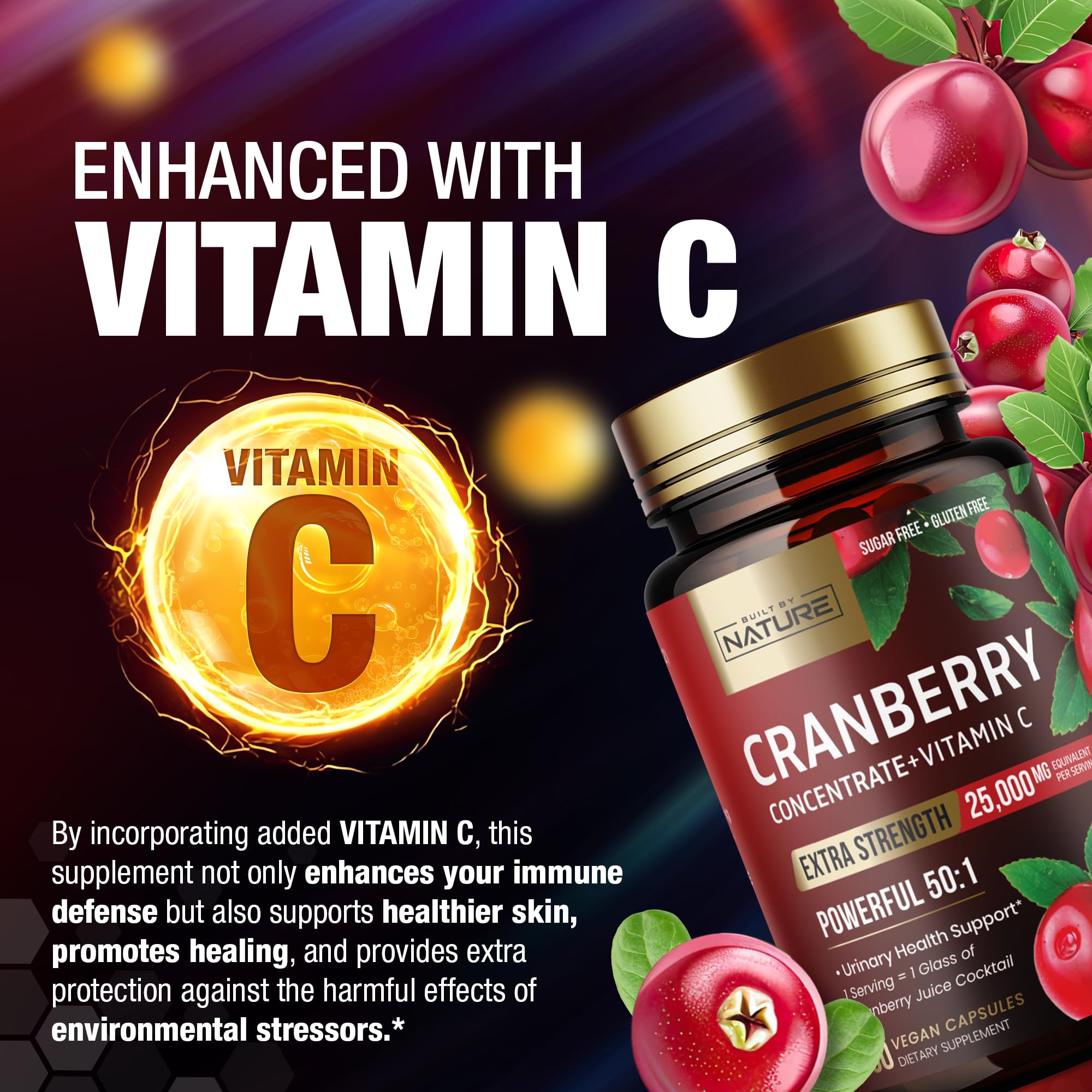 Built by Nature Cranberry Pills 25,000mg - Extra Strength 50:1 Concentrate Extract with Vitamin C - Urinary Tract Health Supplement for Women - Non-GMO, Sugar Free, Vegan - 60 Capsules