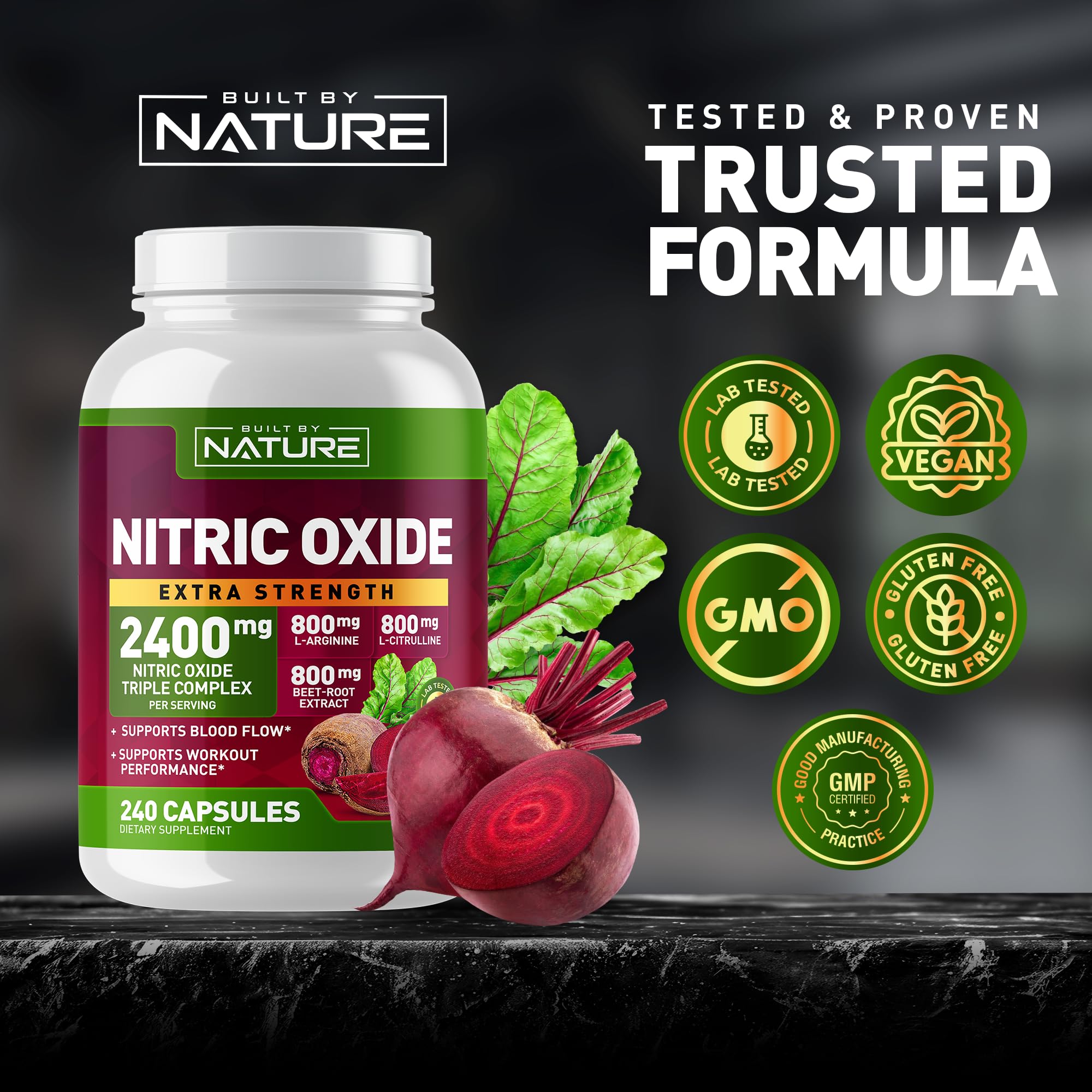 Built by Nature Nitric Oxide Supplement 2400mg with L-Arginine, L-Citrulline and Beet Root Extract, 240 Capsules