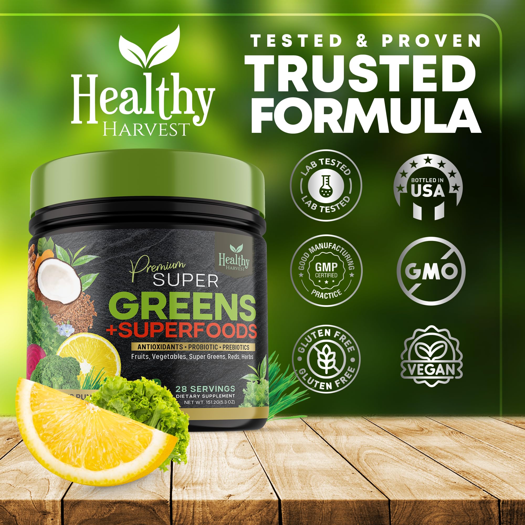 Greens Powder Superfood Supplement - Super Green Reds Smoothie Mix Blend with Spirulina, Wheat Grass, Chlorella, Beets, Probiotics, Natural Antioxidants - Vegan, Non-GMO - 28 Servings