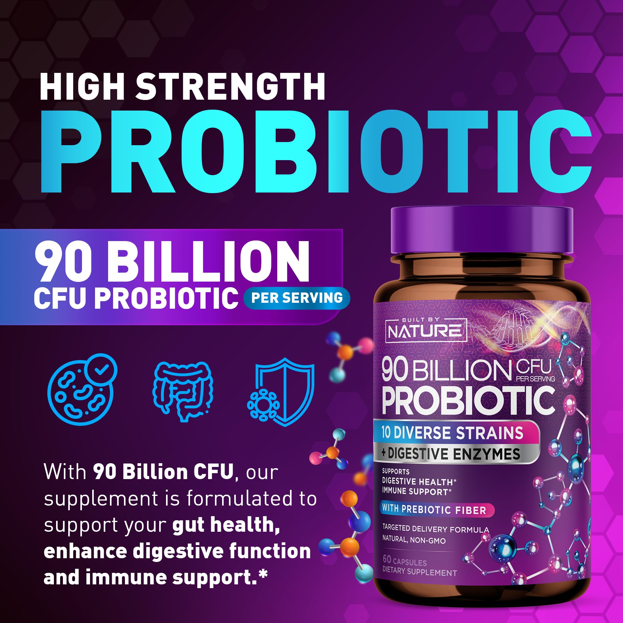 80 Billion CFU Probiotic - Daily Digestive Gut Health Supplement for Men & Women - Lactobacillus acidophilus, Bifidobacterium & Prebiotics - Non-GMO, Gluten & Dairy Free, Shelf-Stable - 60 Capsules