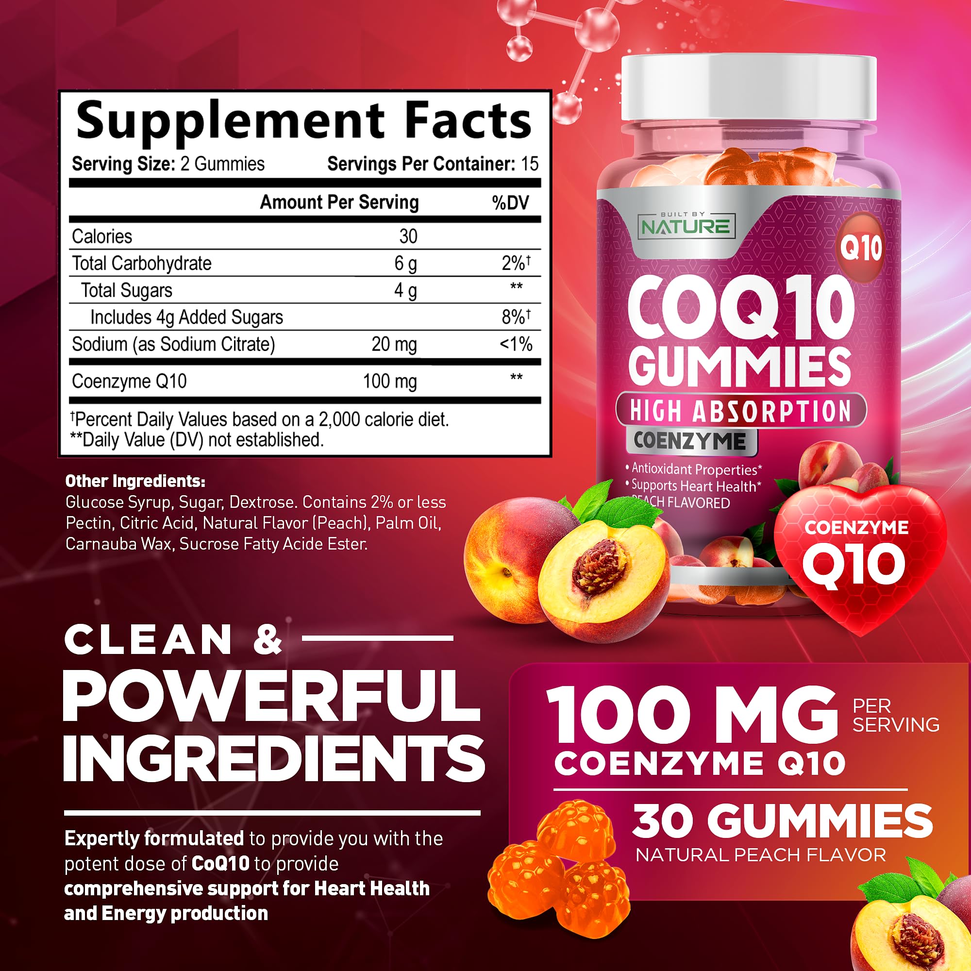 Built by Nature CoQ10 Gummies 100 mg – High Absorption Coenzyme Q10 Gummy – Vegan, Non-GMO – Heart Health & Cellular Energy Support – Tasty Peach Flavor - 30 Gummies