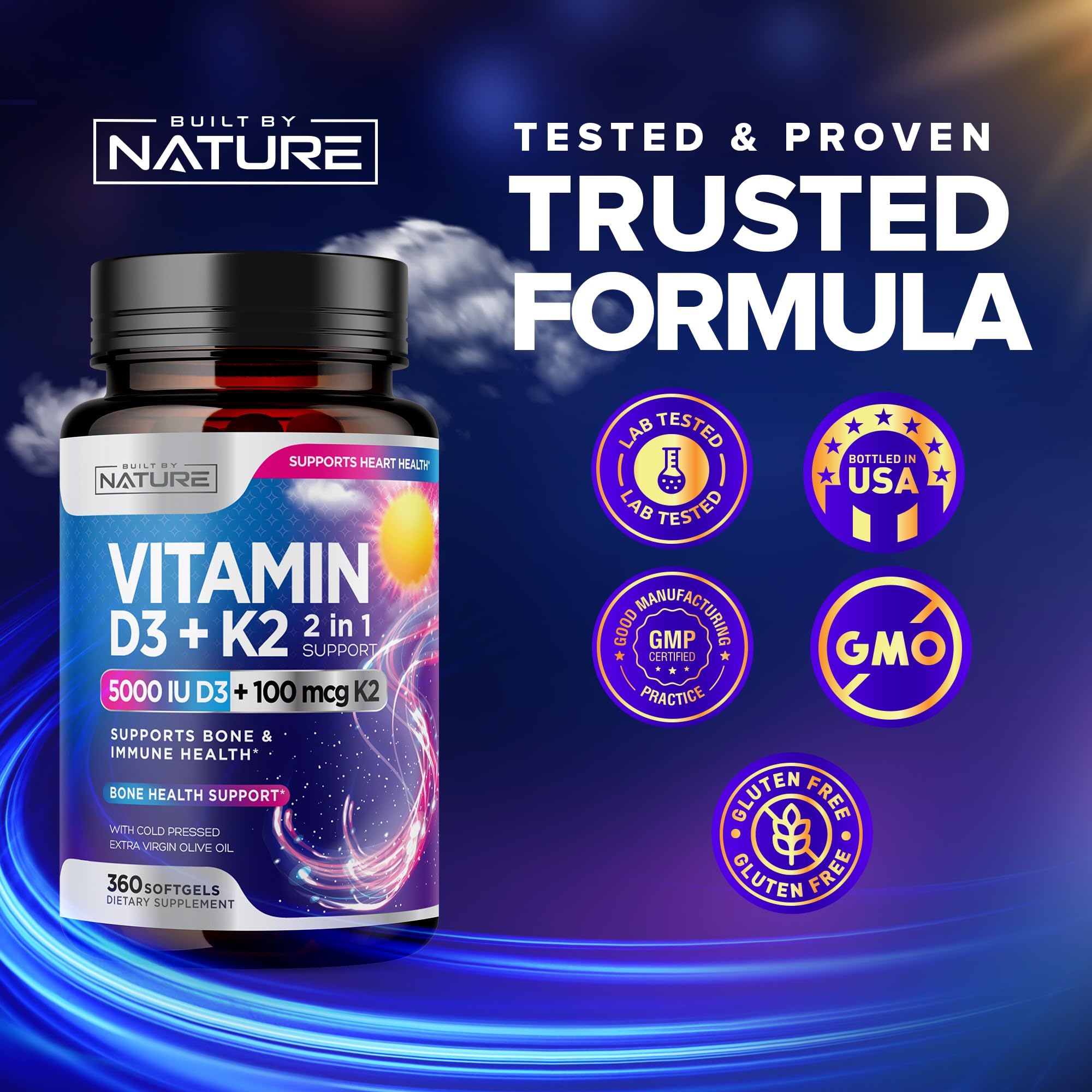 Built by Nature Vitamin D3 K2 with Cold Pressed Extra Virgin Olive Oil – 5000 IU Vitamin D, 100mcg Vitamin K MK-7 Supplement – Easy to Swallow Mini Soft Gels - 1 Year Supply - 360 Softgels