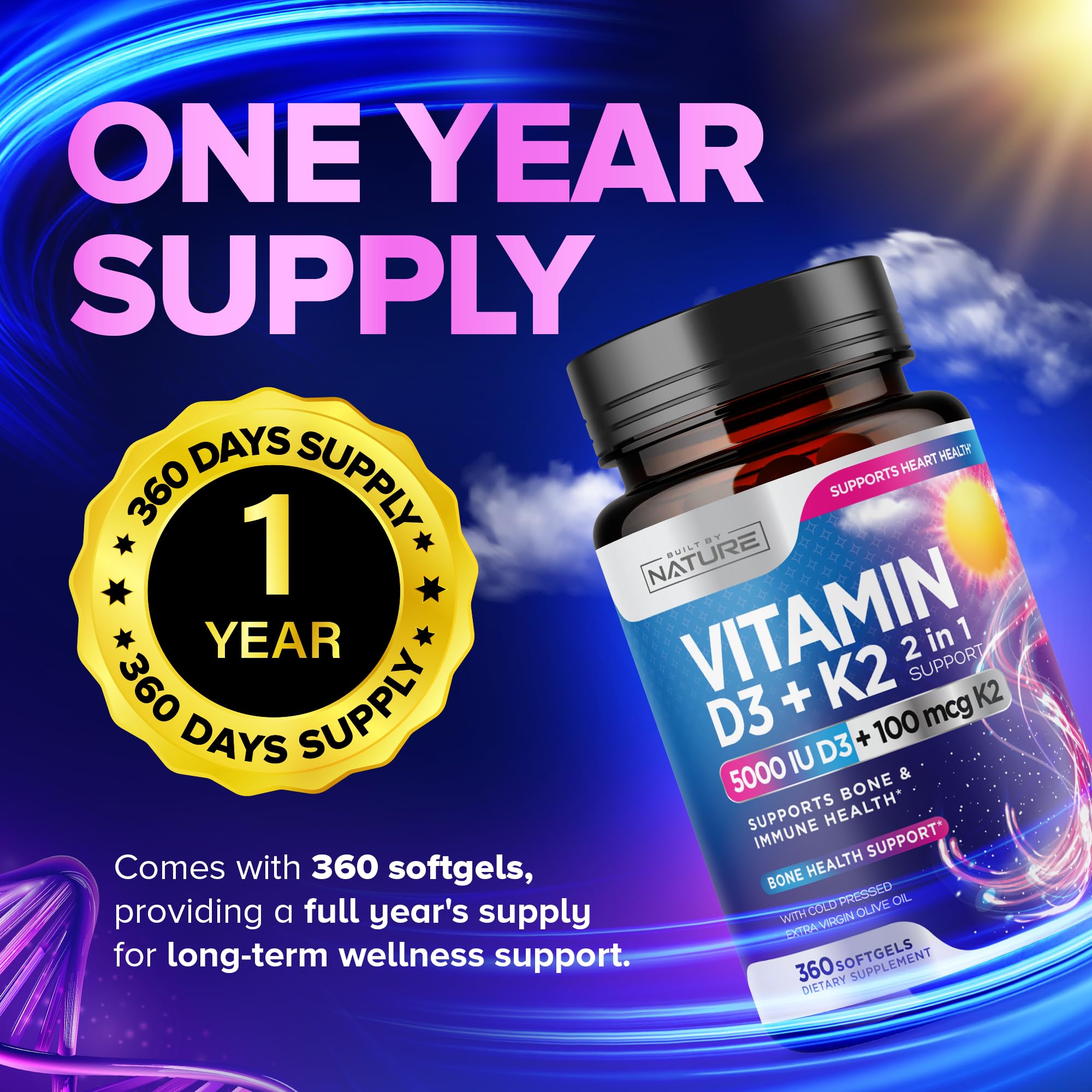 Built by Nature Vitamin D3 K2 with Cold Pressed Extra Virgin Olive Oil – 5000 IU Vitamin D, 100mcg Vitamin K MK-7 Supplement – Easy to Swallow Mini Soft Gels - 1 Year Supply - 360 Softgels