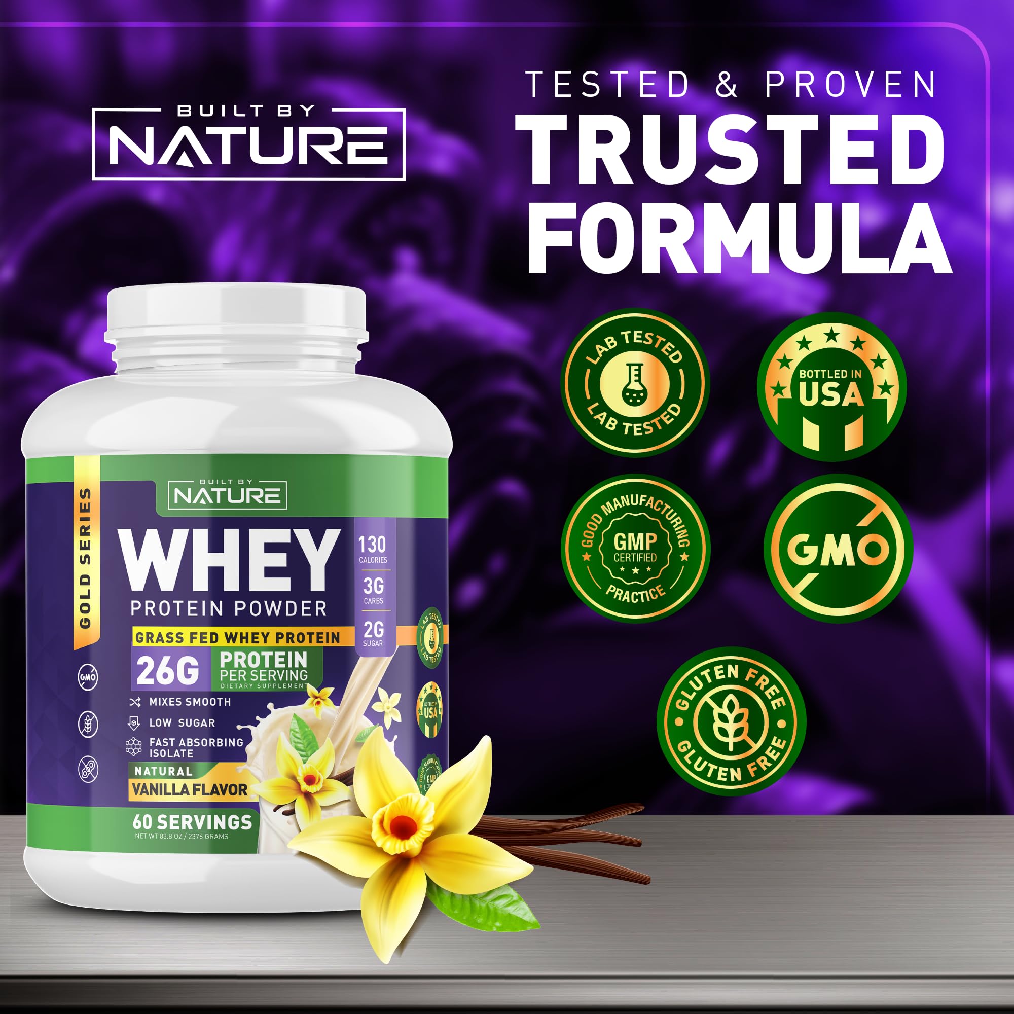 Built by Nature Whey Protein Powder - 100% Pure Whey Shake with Whey Isolate, Protein, No Bloating, Mixes Smooth, No Clumps or Chunks - High Protein, Low Sugar Drink