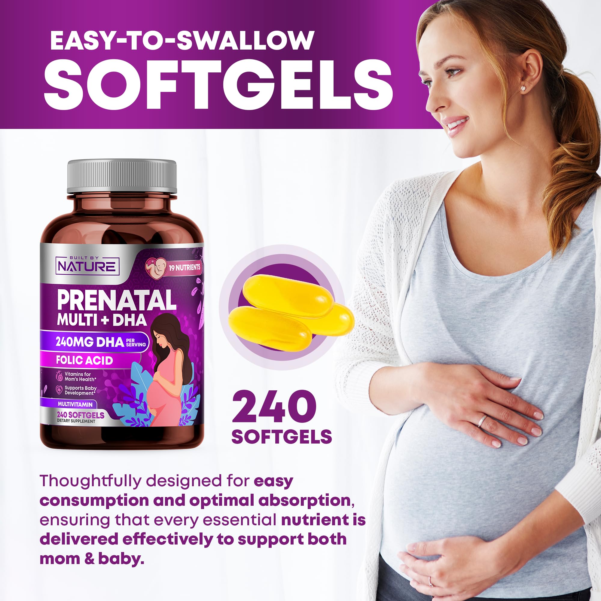 Built by Nature Prenatal Vitamins for Women - Multivitamin with DHA, Folic Acid, Vitamin C, B12, Iron & Omega-3 - Before, During & Post Pregnancy Supplement for Healthy Growth & Brain