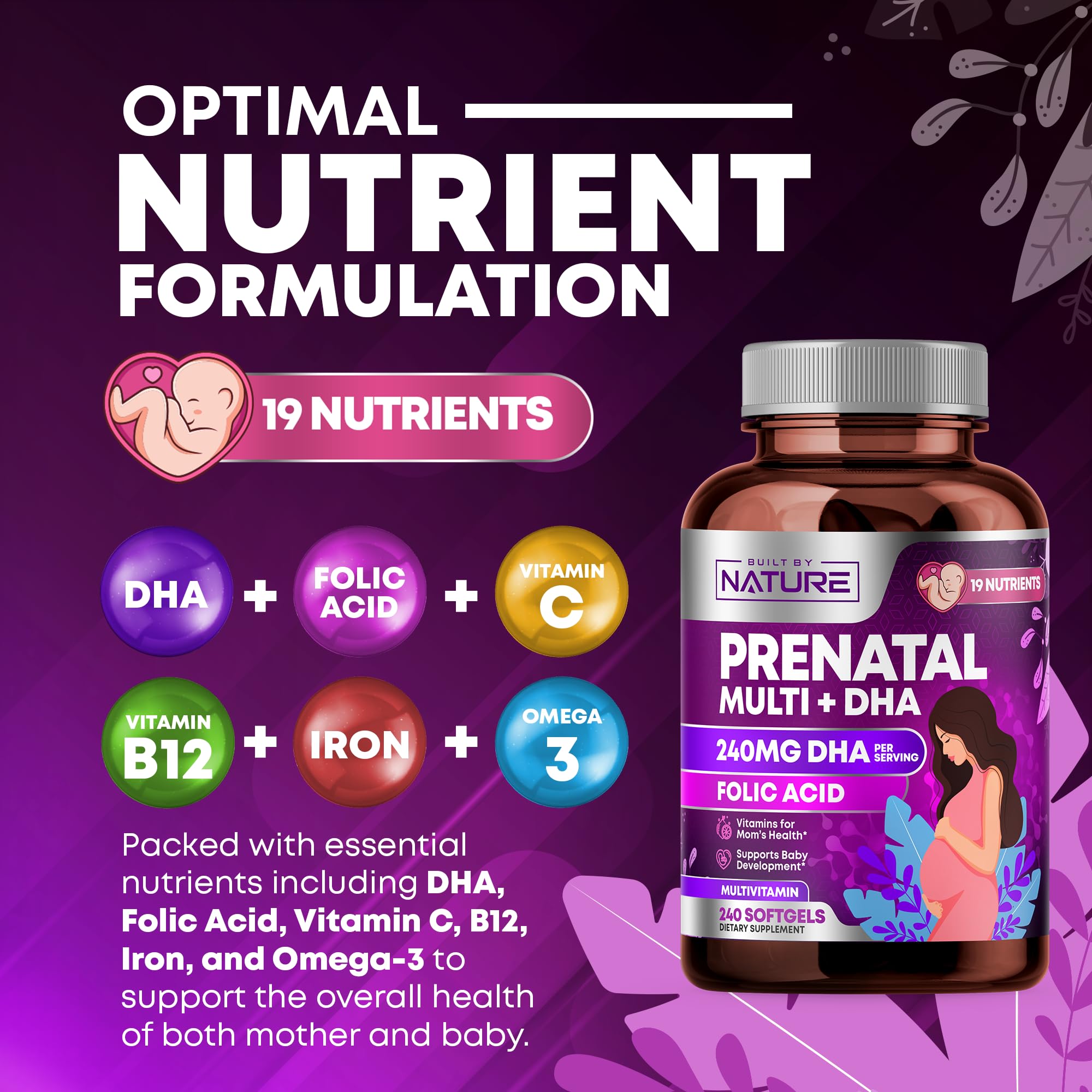 Built by Nature Prenatal Vitamins for Women - Multivitamin with DHA, Folic Acid, Vitamin C, B12, Iron & Omega-3 - Before, During & Post Pregnancy Supplement for Healthy Growth & Brain