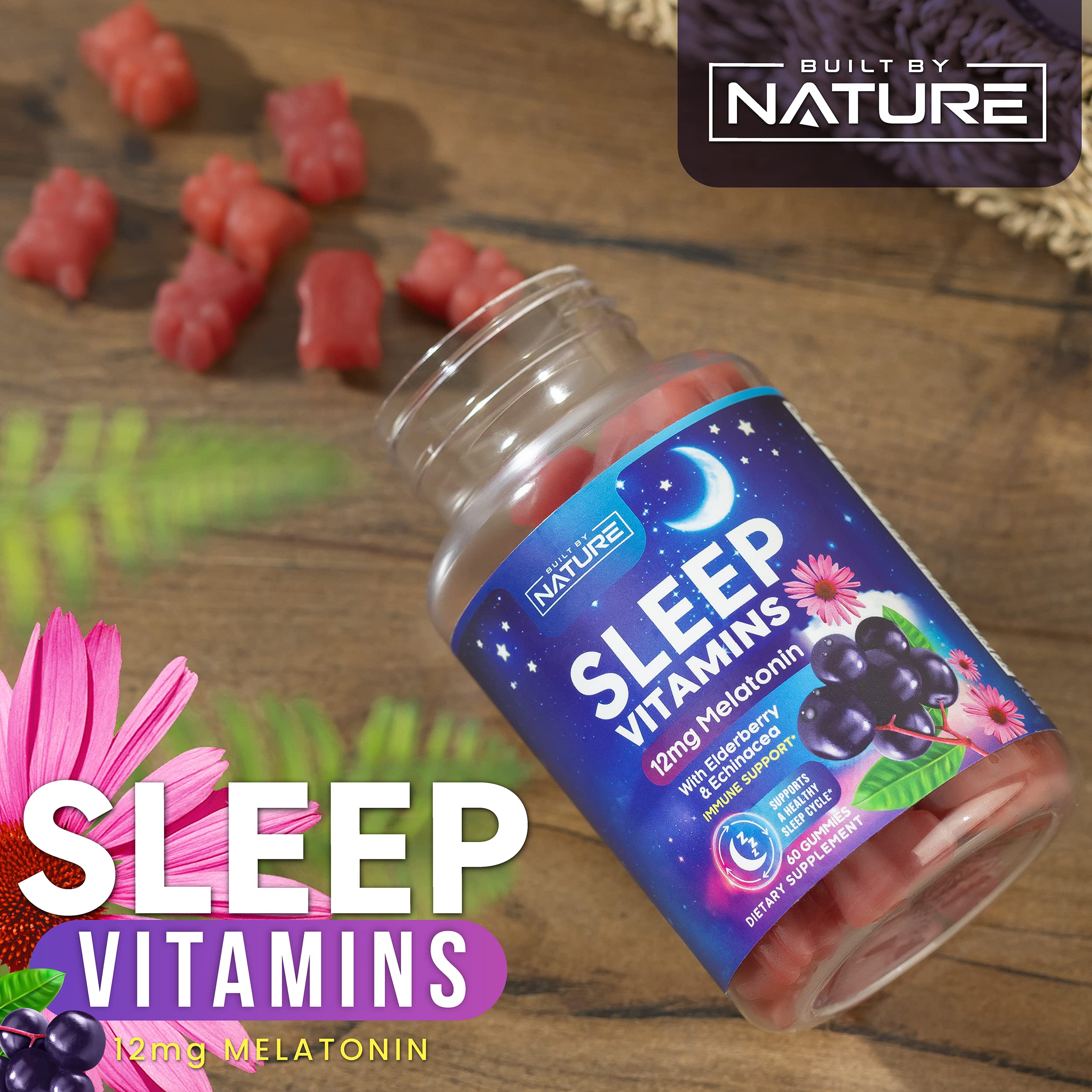 Melatonin Gummies 12mg - Max Strength Sleep Gummy with Elderberry, Zinc, Vitamin D & C for Immune Support - Drug-Free Sleep Aid - Fall Asleep Faster, Stay Asleep Longer - Berry Flavor - 60 Gummies