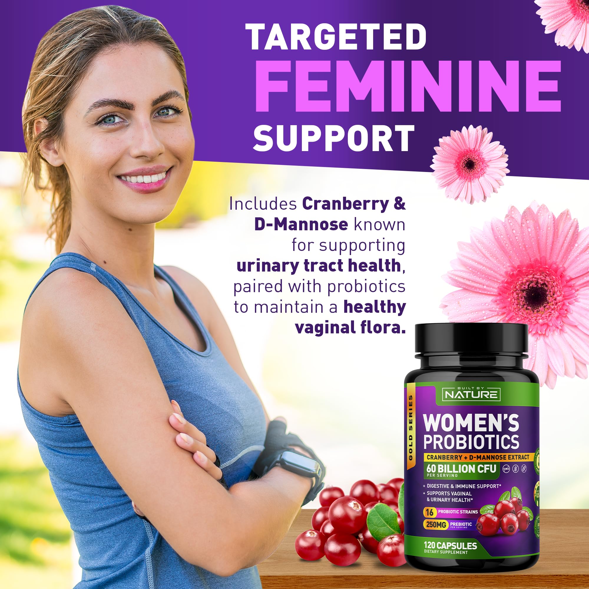 Built by Nature Probiotics for Women - 60 Billion CFUs, 16 Strains, with Cranberry, D-Mannose & Prebiotics - Supports Digestive, Immune, & Vaginal Health - Non-GMO, Dairy & Gluten-Free