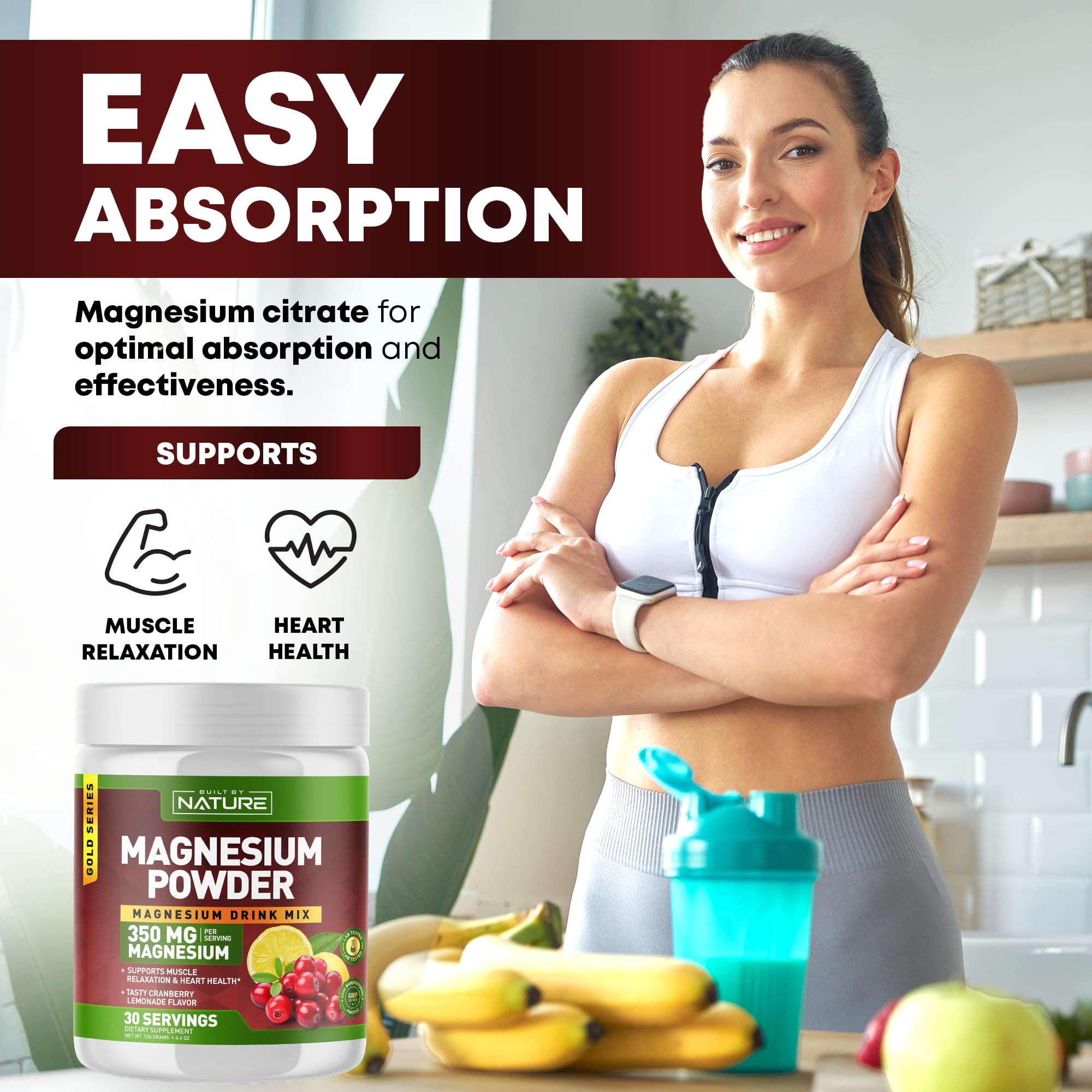 Built by Nature Magnesium Powder - Anti-Stress Drink Mix for Calm & Regularity - Magnesium Citrate Supplement - Relaxation, Muscle & Heart Support - Cranberry Lemonade Flavor - 30 Servings