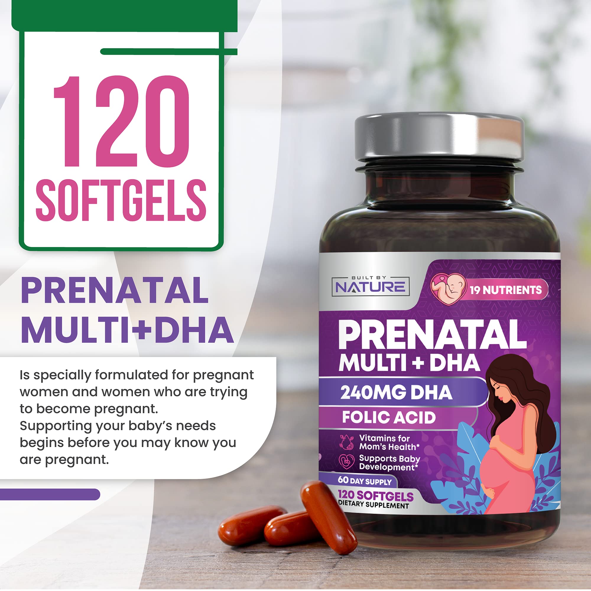 Built by Nature Prenatal Vitamins for Women - Multivitamin with DHA, Folic Acid, Vitamin C, B12, Iron & Omega-3 - Before, During & Post Pregnancy Supplement for Healthy Growth & Brain Development